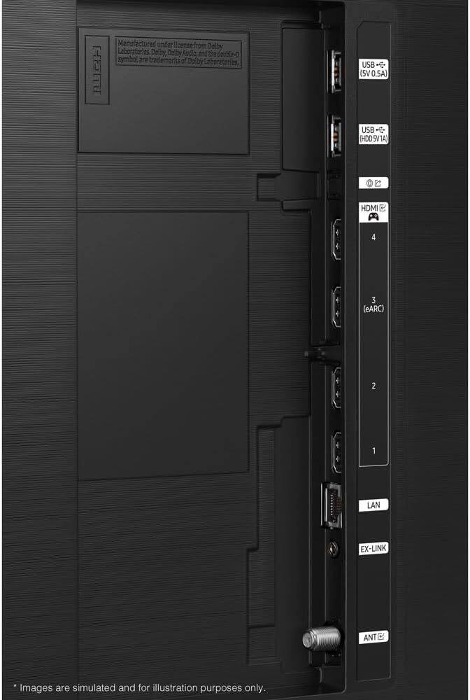 Manufactured under license from Dolby Laboratories. Dolby, Dolby Audio, and the double-diamond symbol are trademarks of Dolby Laboratories.

USB (5V 0.5A)
USB (HDD 5V1A)
HDMI 4 (eARC)
HDMI 3
HDMI 2
HDMI 1
LAN
EX-LINK
ANT

*Images are simulated and for illustration purposes only.