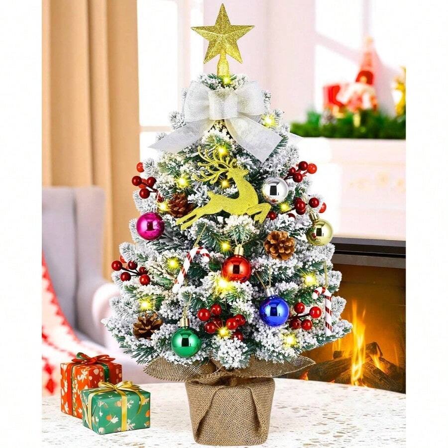 Live At Space - Small Tree with Lights 2 FT Snowy Flocked Tree with Lifelike Branches Hanging Ornaments Decorative Bow Table Mantle Home - Green+white