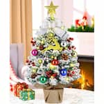 Live At Space - Small Tree with Lights 2 FT Snowy Flocked Tree with Lifelike Branches Hanging Ornaments Decorative Bow Table Mantle Home - Green+white