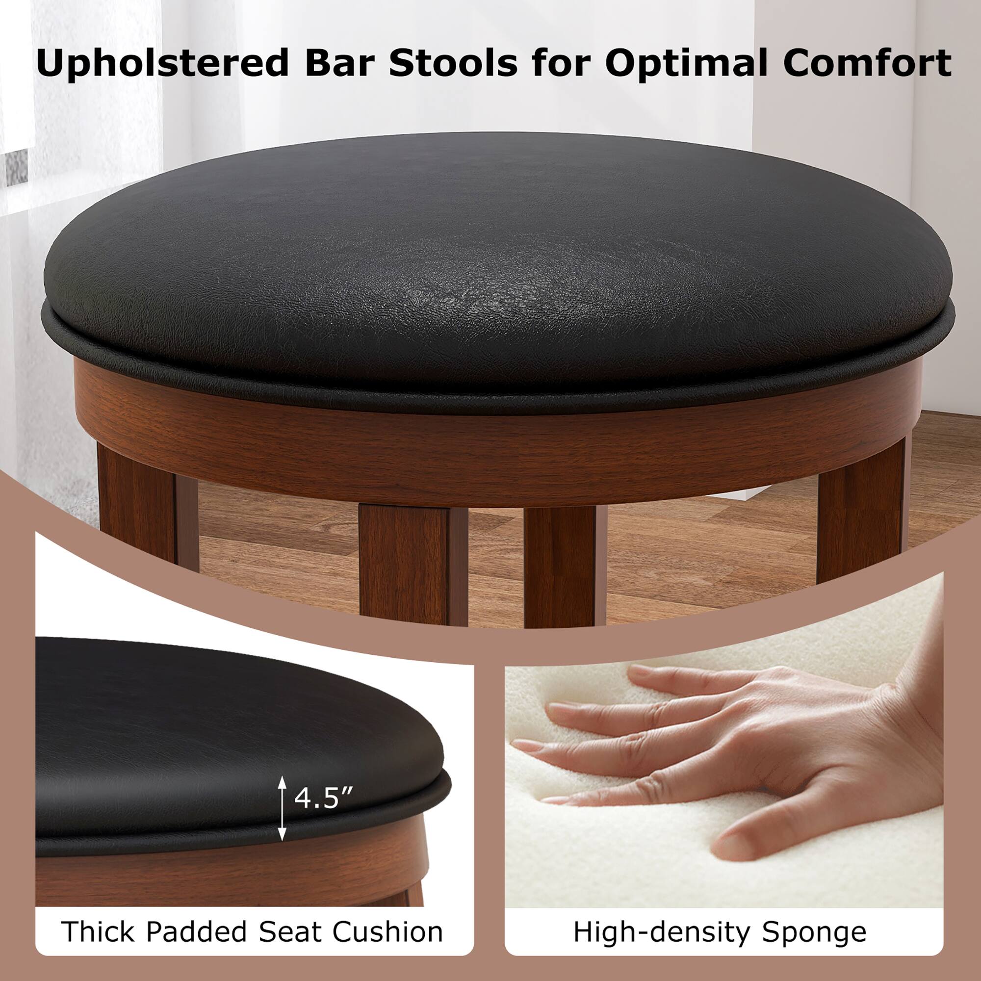 Upholstered Bar Stools for Optimal Comfort, 4.5" Thick Padded Seat Cushion, High-density Sponge