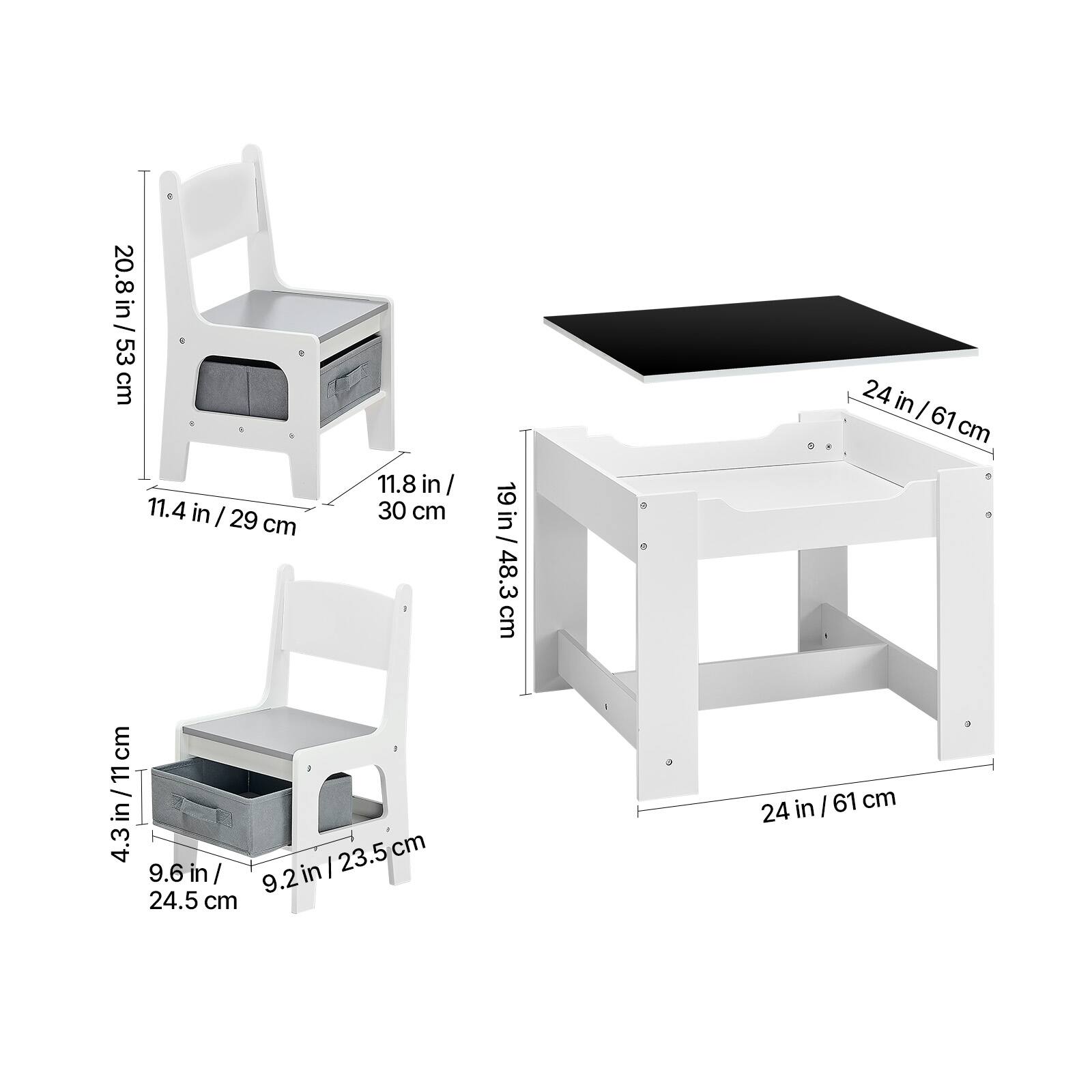 20.8 in / 53 cm  
11.8 in / 30 cm  
11.4 in / 29 cm  
4.3 in / 11 cm  
9.6 in / 24.5 cm  
9.2 in / 23.5 cm  
19 in / 48.3 cm  
24 in / 61 cm