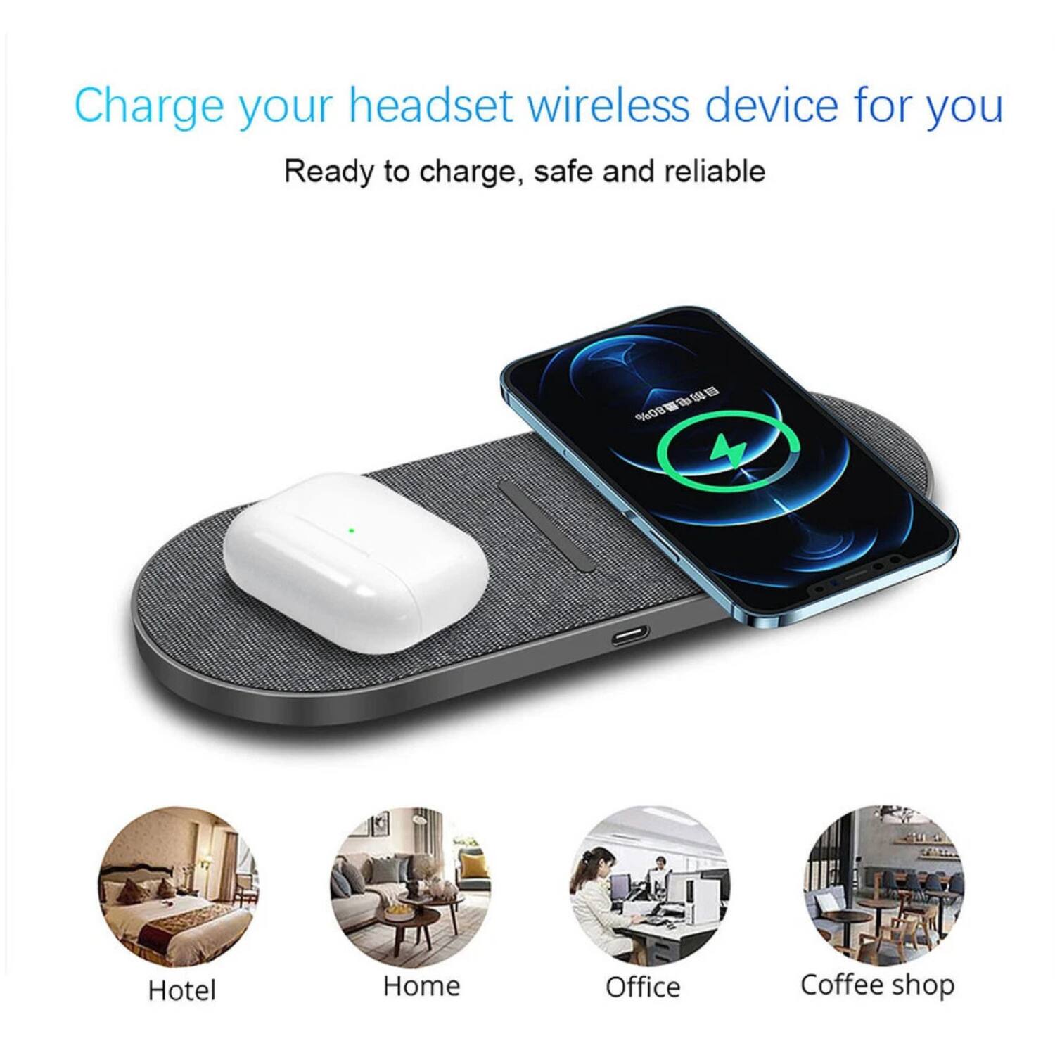 Charge your headset wireless device for you  
Ready to charge, safe and reliable  

Hotel  
Home  
Office  
Coffee shop