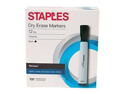 STAPLES Dry Erase Markers  
12 Qty  
Chisel tip  
Black  

Remax®  
Marks vividly and wipes away cleanly  

100% SATISFACTION GUARANTEED