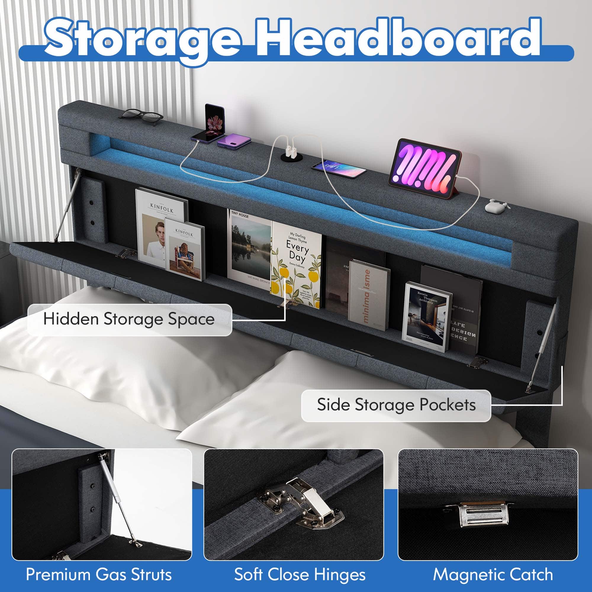 Storage Headboard - Hidden Storage Space - Side Storage Pockets - Premium Gas Struts - Soft Close Hinges - Magnetic Catch