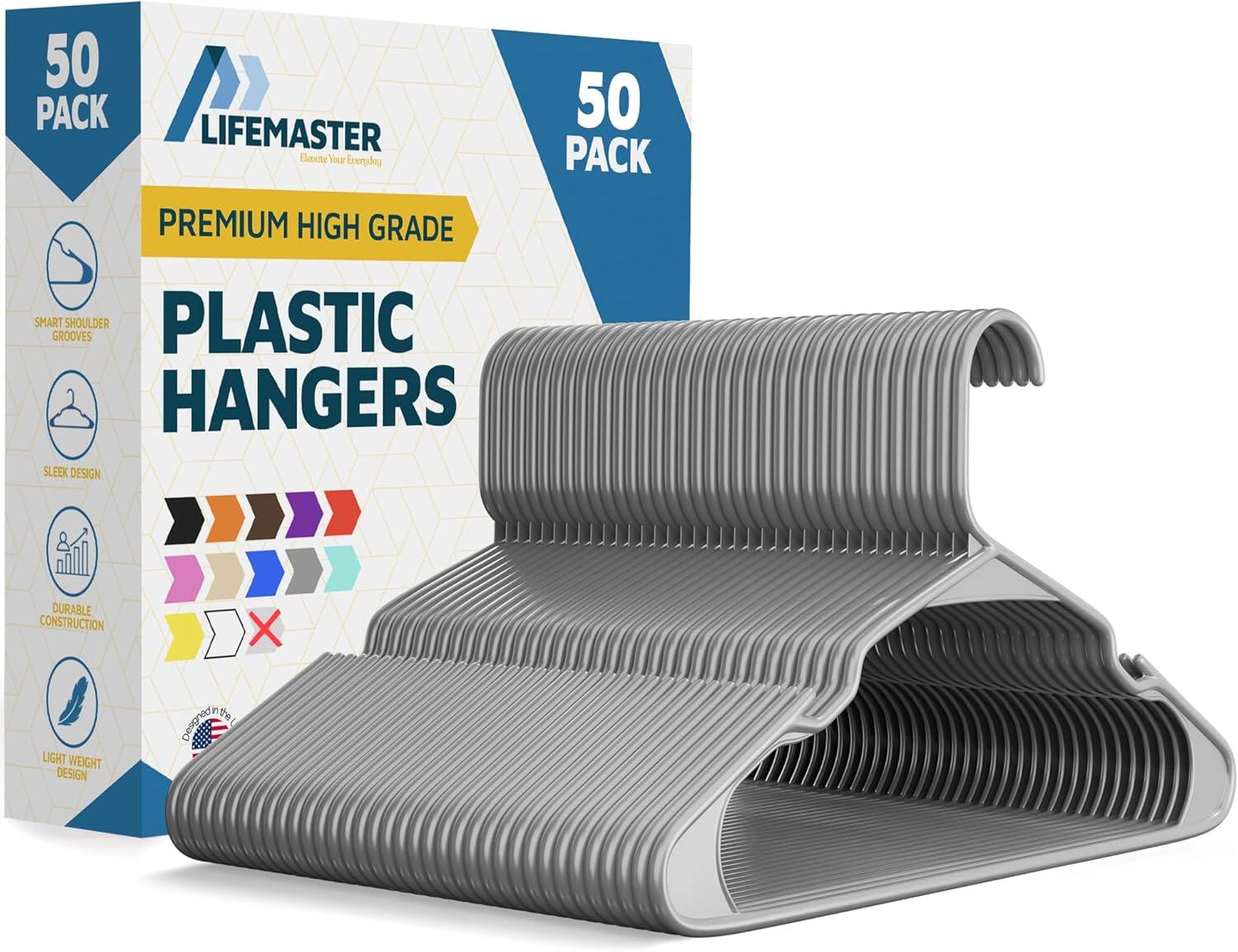 Lifemaster - Plastic Hangers – Heavy Duty, Non-Slip, Space-Saving, Holds 5 lbs, for Clothes, Dresses & Coats, Pack of 50 - Gray