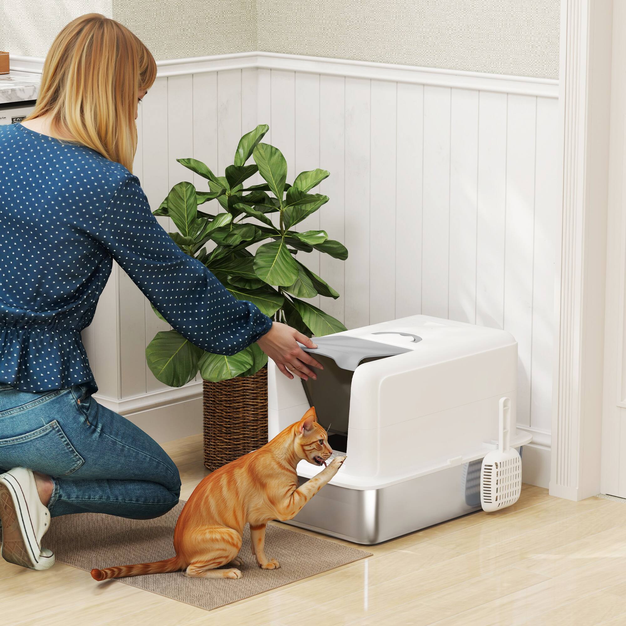 Angle. Pawhut - Cat Litter Box, 2 in 1 Kitty Litter Pan with Lid & Scoop, Filter Bags, High Enclosure, Small to Large Kittens - White.