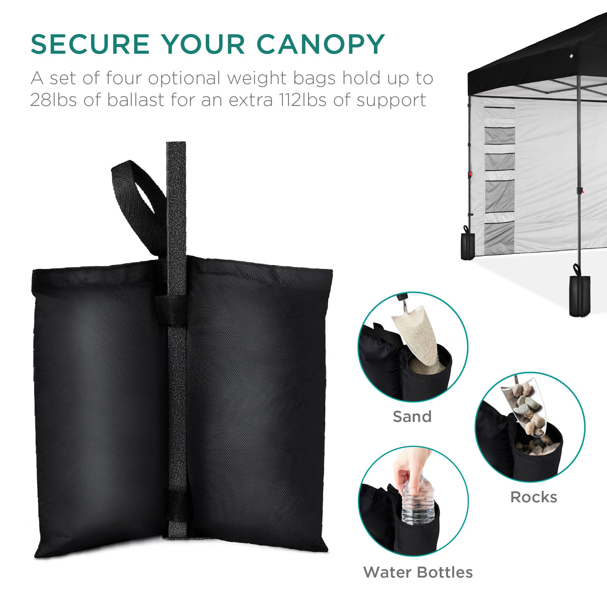 SECURE YOUR CANOPY

A set of four optional weight bags hold up to 28lbs of ballast for an extra 112lbs of support

Sand  
Rocks  
Water Bottles