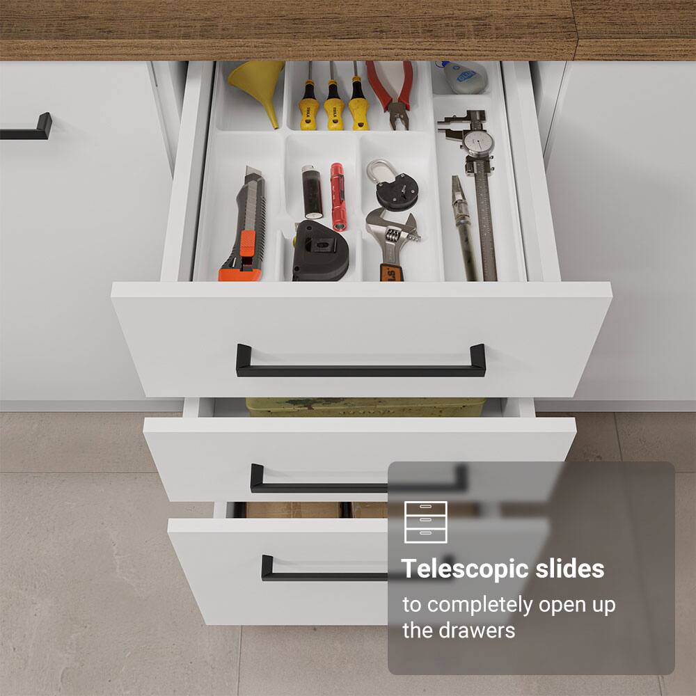 Telescopic slides to completely open up the drawers