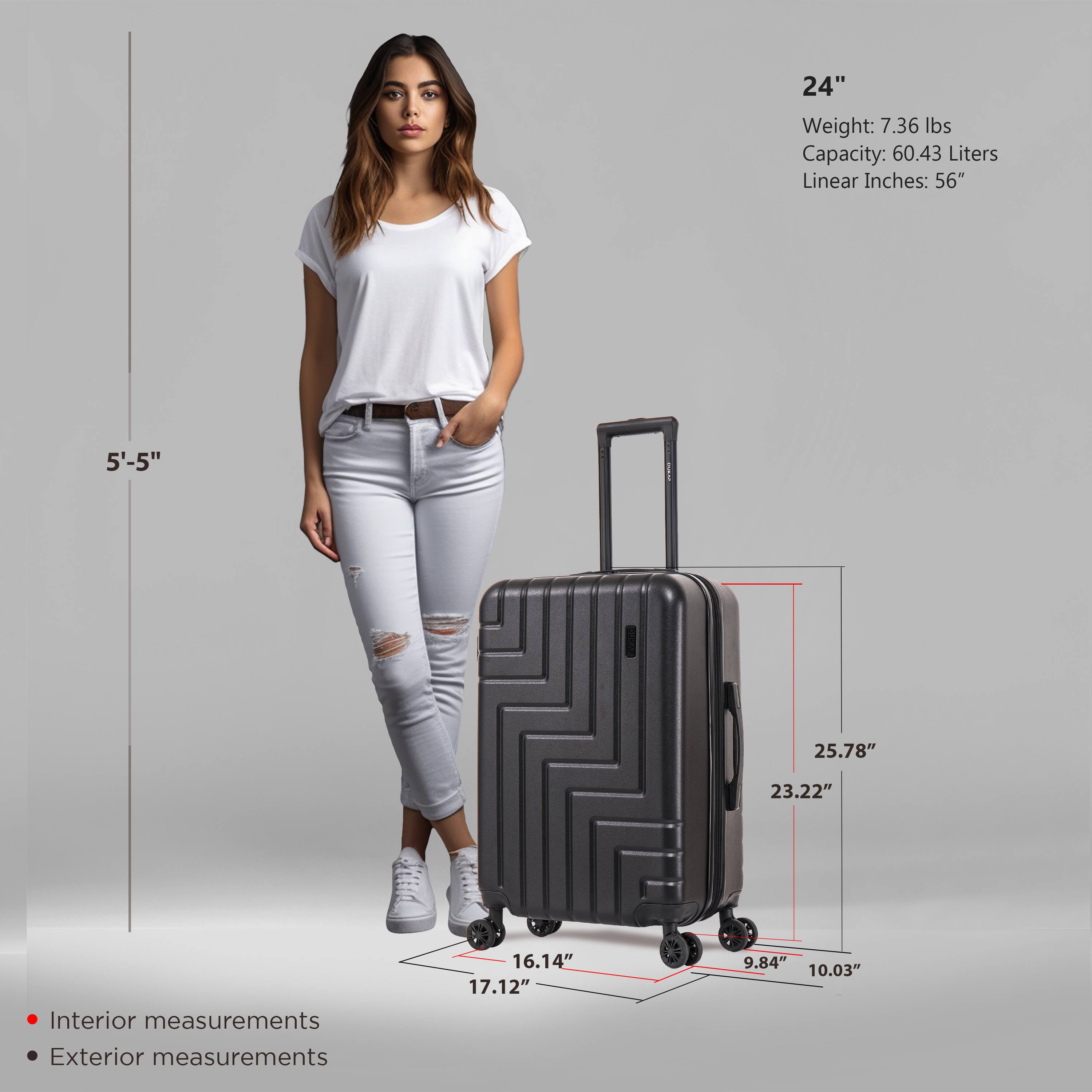 24"  
Weight: 7.36 lbs  
Capacity: 60.43 Liters  
Linear Inches: 56"  

Interior measurements:  
16.14" x 17.12" x 9.84"  

Exterior measurements:  
25.78" x 23.22" x 10.03"  

5'-5"