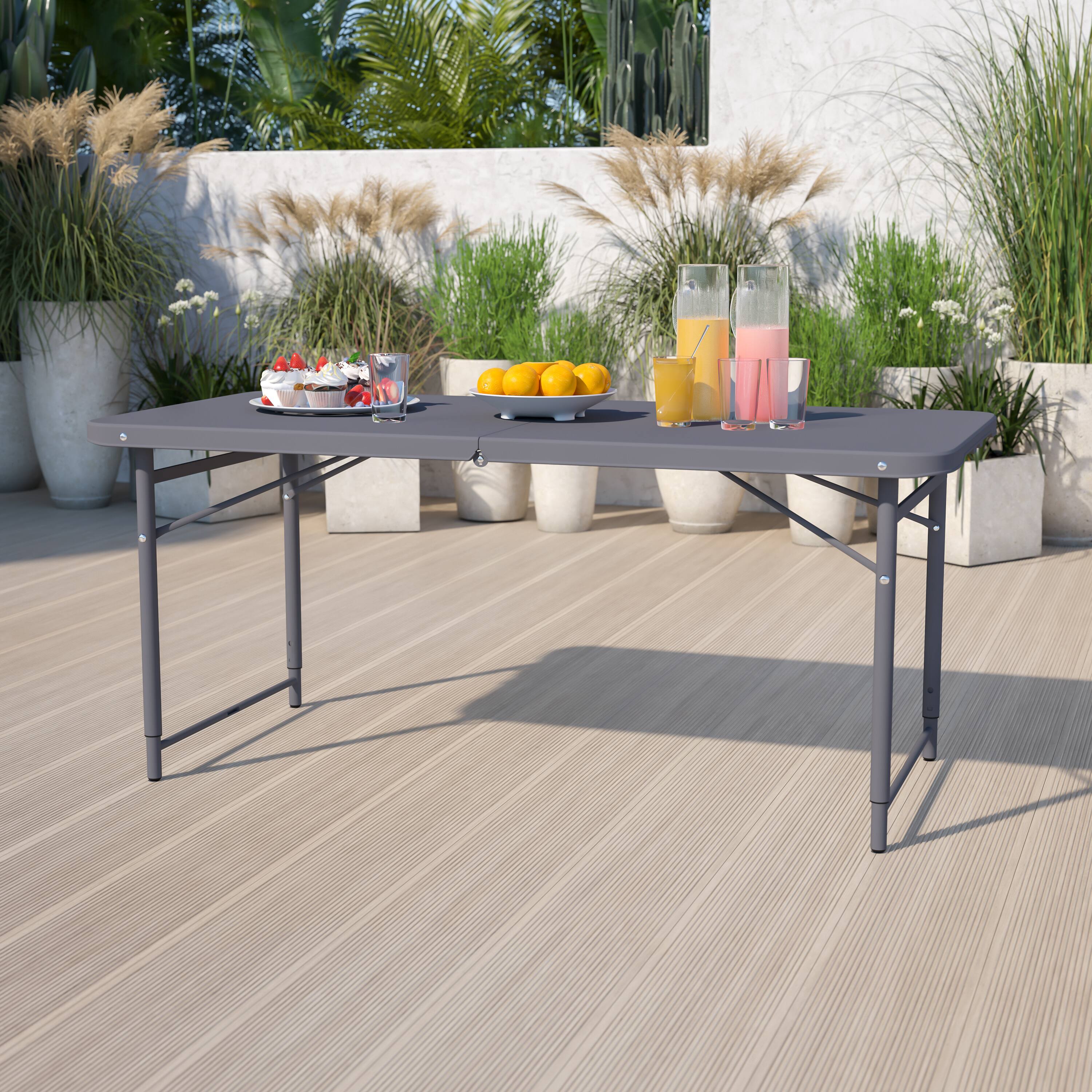 Alt View 1. Emma + Oliver - 4-Foot Height Adjustable Bi-Fold Dark Gray Plastic Folding Table with Handle - Dark Gray.