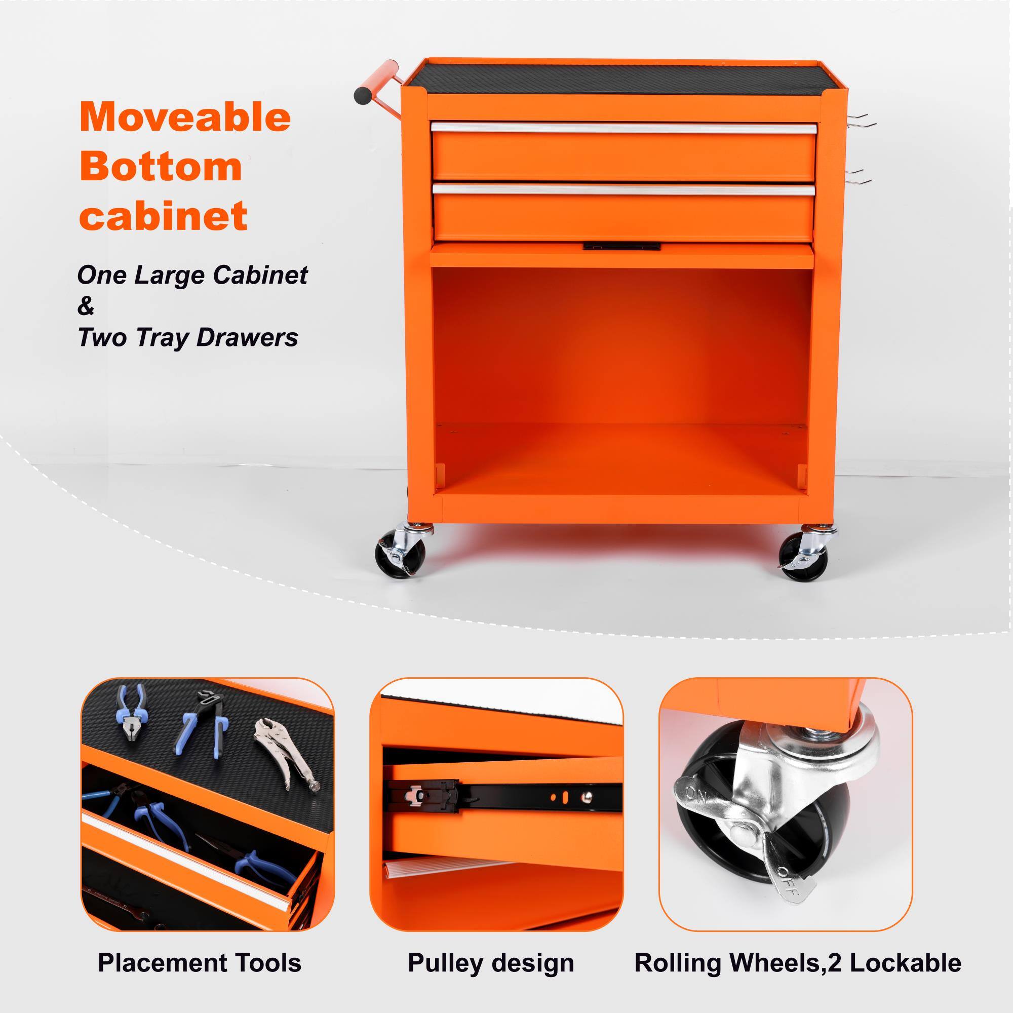 Moveable Bottom cabinet  
One Large Cabinet & Two Tray Drawers  
Placement Tools  
Pulley design  
Rolling Wheels, 2 Lockable