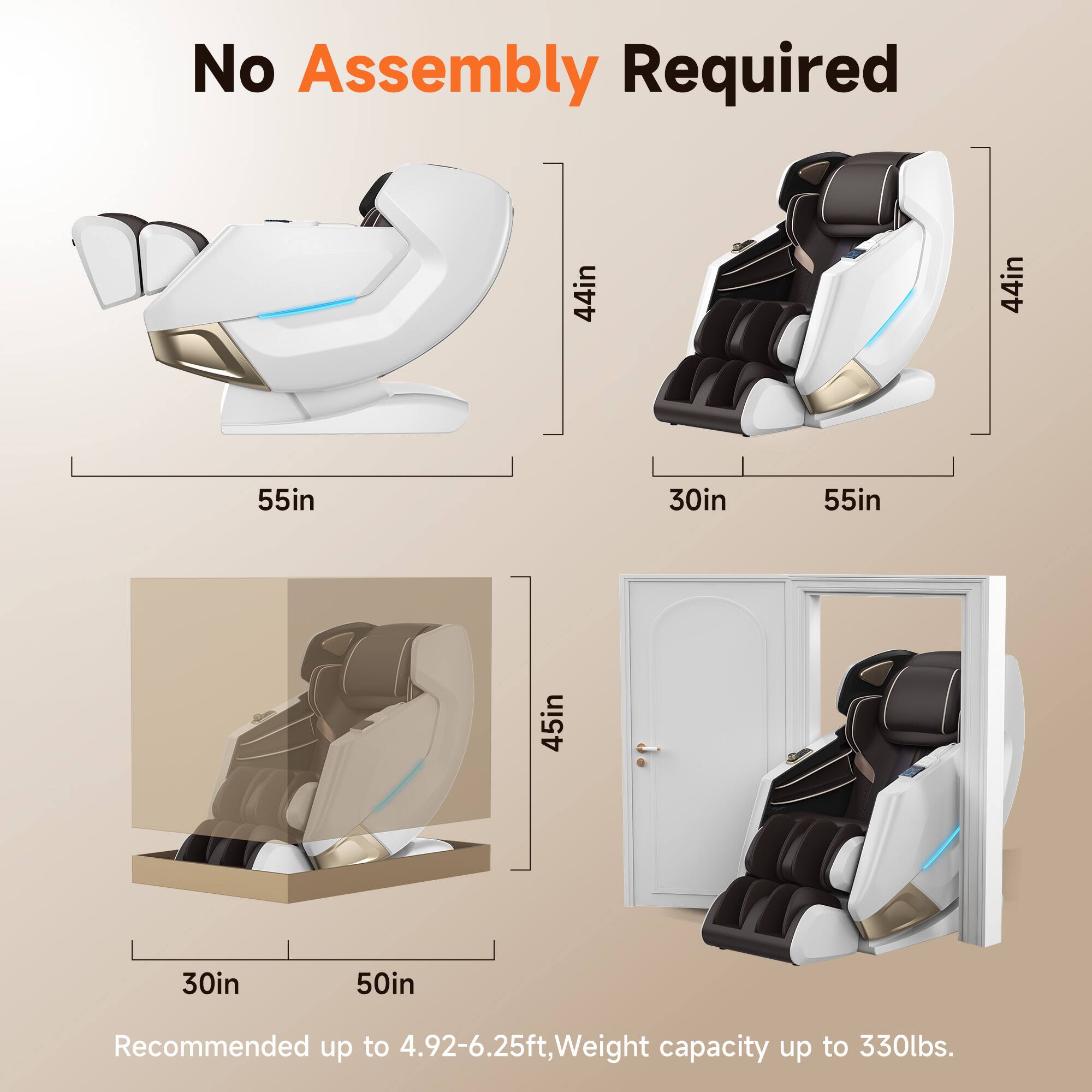 No Assembly Required

44in x 44in x 55in x 30in x 55in x 45in x 30in x 50in

Recommended up to 4.92-6.25ft, Weight capacity up to 330lbs.