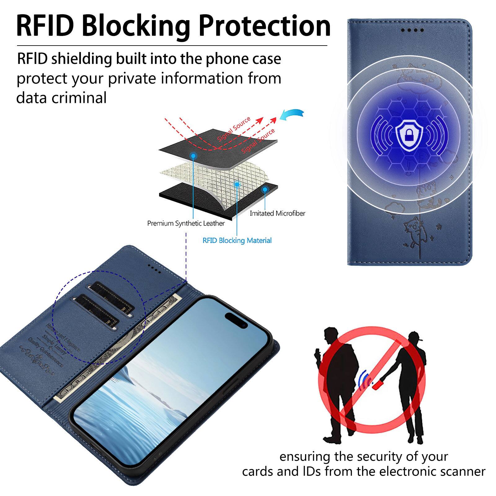 RFID Blocking Protection

RFID shielding built into the phone case protect your private information from data criminal

Premium Synthetic Leather
Imitated Microfiber
RFID Blocking Material

ensuring the security of your cards and IDs from the electronic scanner