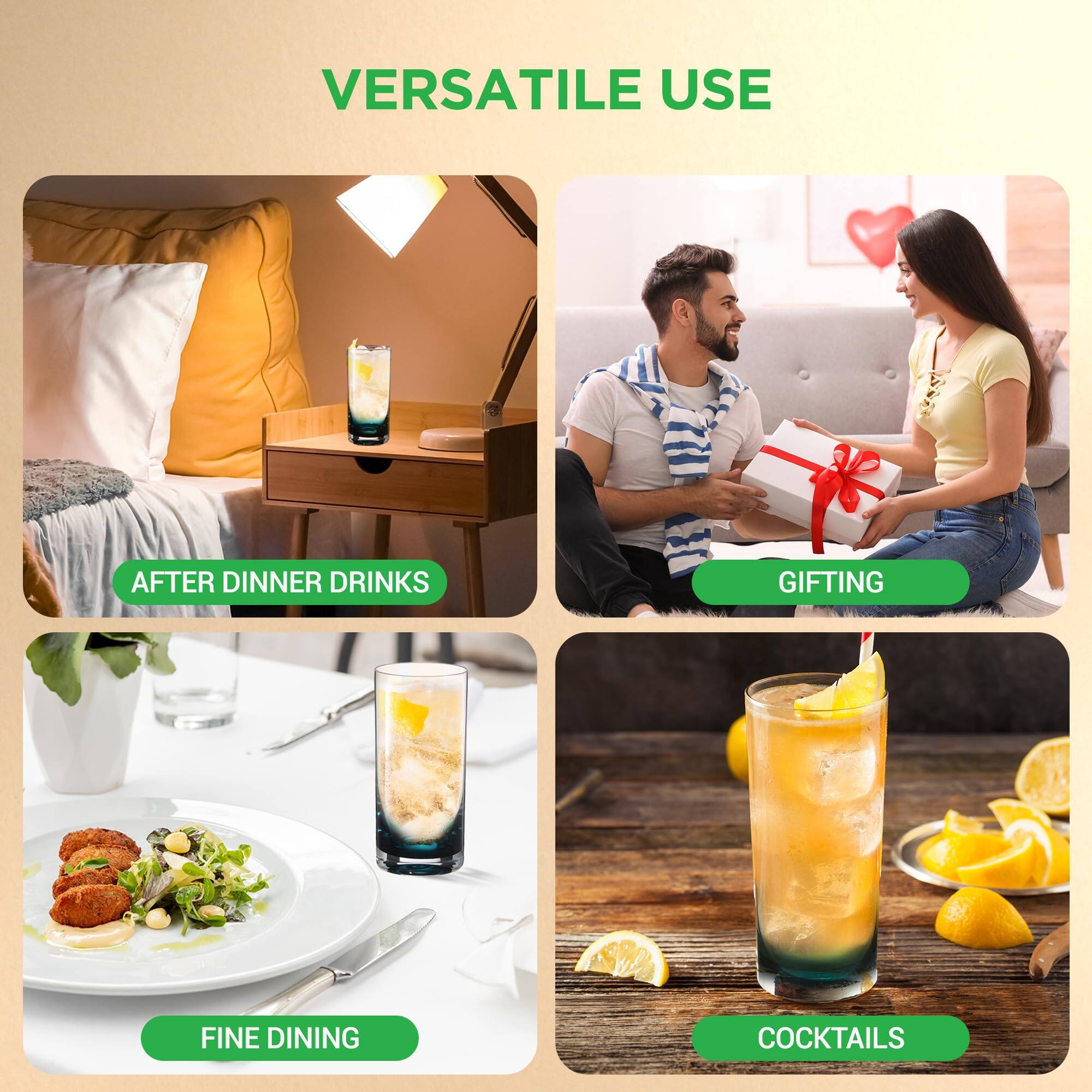 VERSATILE USE

- AFTER DINNER DRINKS
- GIFTING
- FINE DINING
- COCKTAILS
