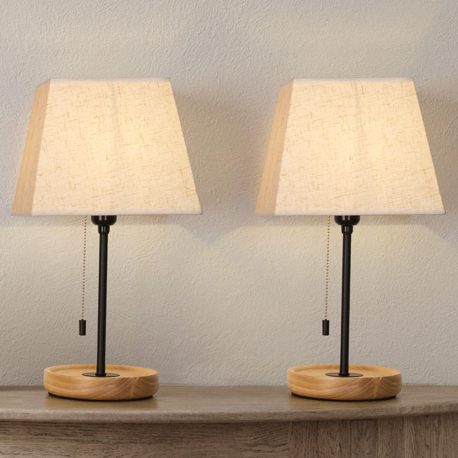 Oumilen - Set of 2 Modern Bedroom Table Lamps Pull Chain Control Bedside Nightstand Lamps