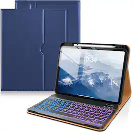 DTTO - Detachable Backlit Keyboard Case for iPad 11th/10th Gen (2025/2022) - Leather Cover w/ Pencil Holder & Pocket - Navy Blue