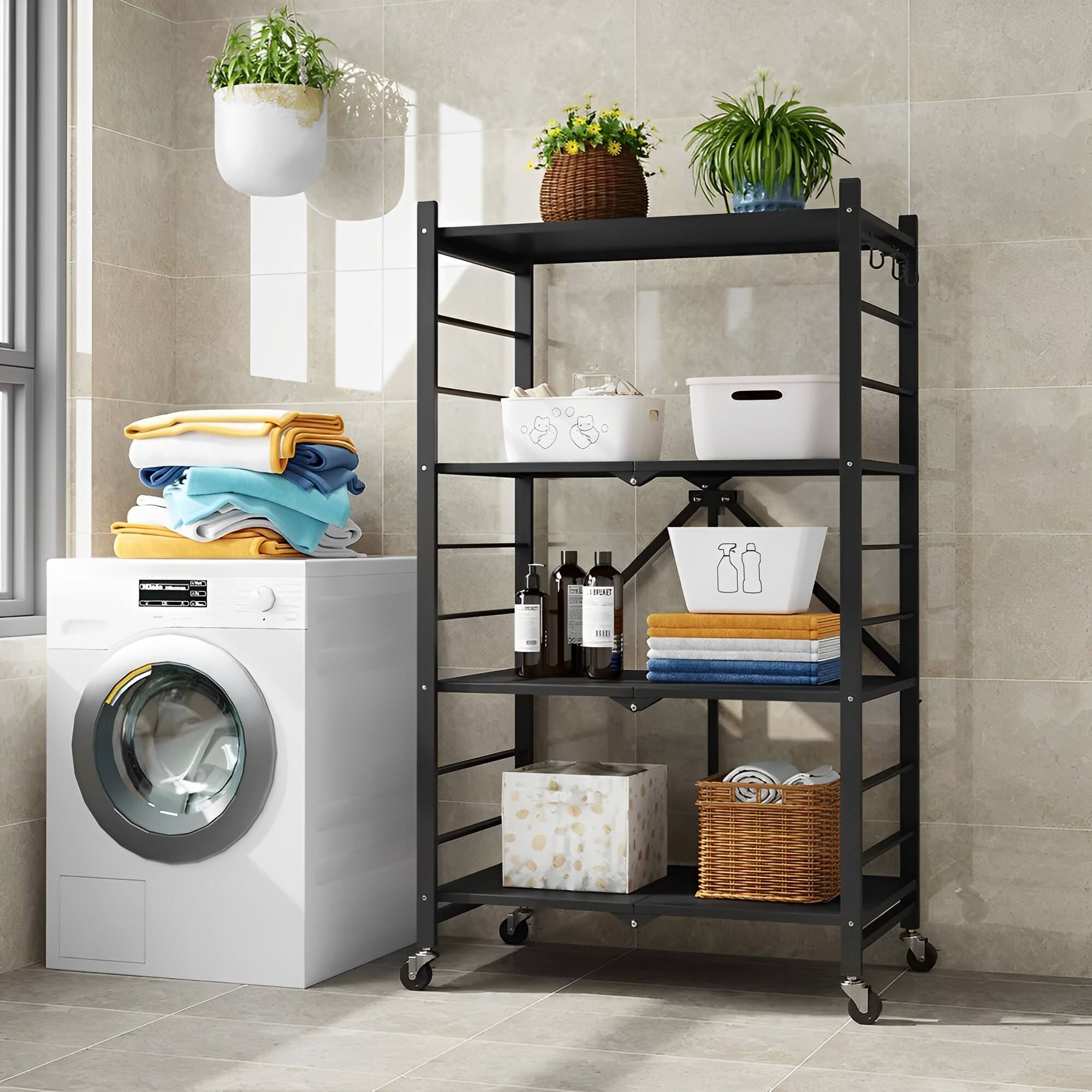 Alt View 4. Sugift - 4-Tier Foldable Storage Shelves, Metal Storage Rack with Wheels and Hooks - Black.
