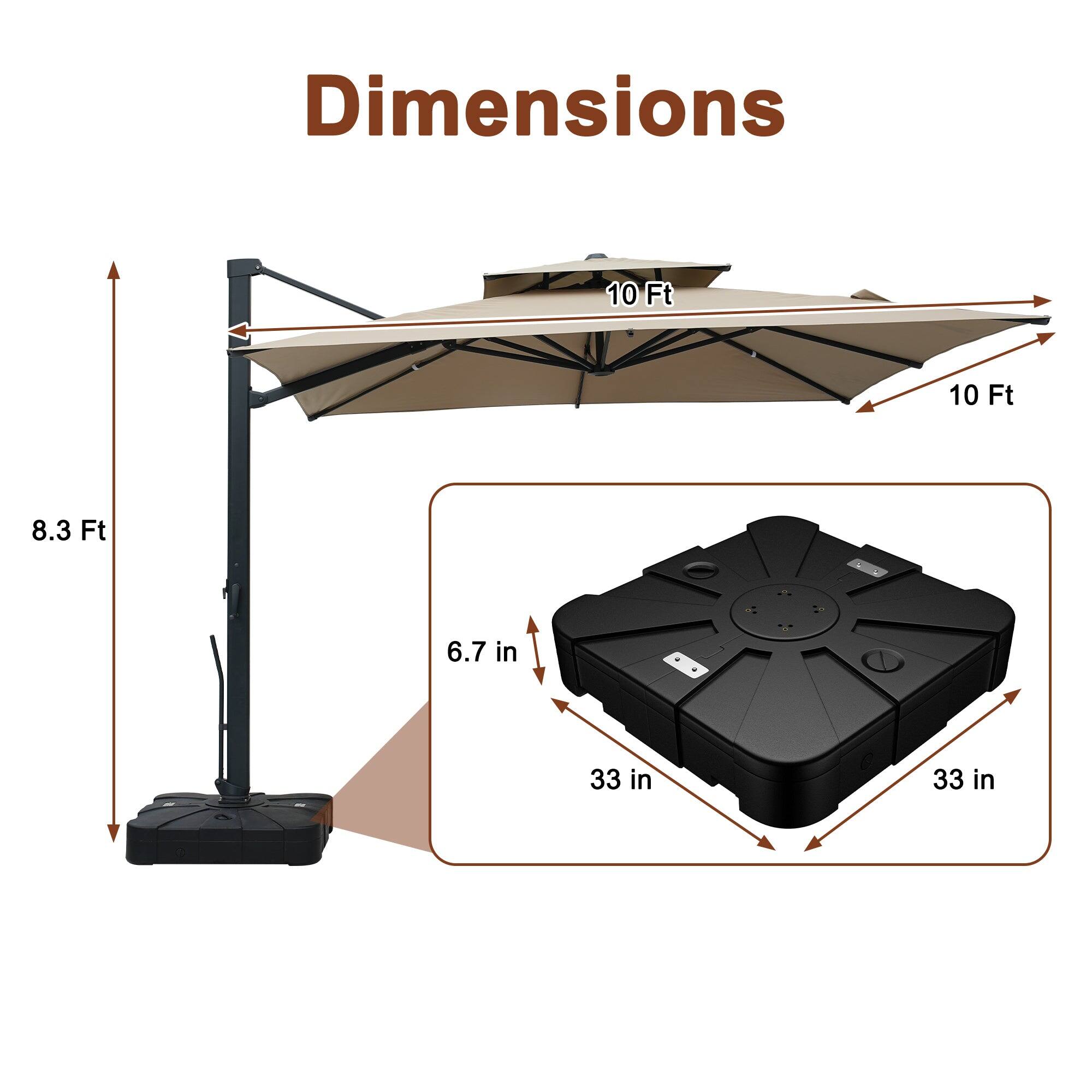 Dimensions: 10 Ft x 10 Ft x 8.3 Ft, 33 in x 33 in, 6.7 in