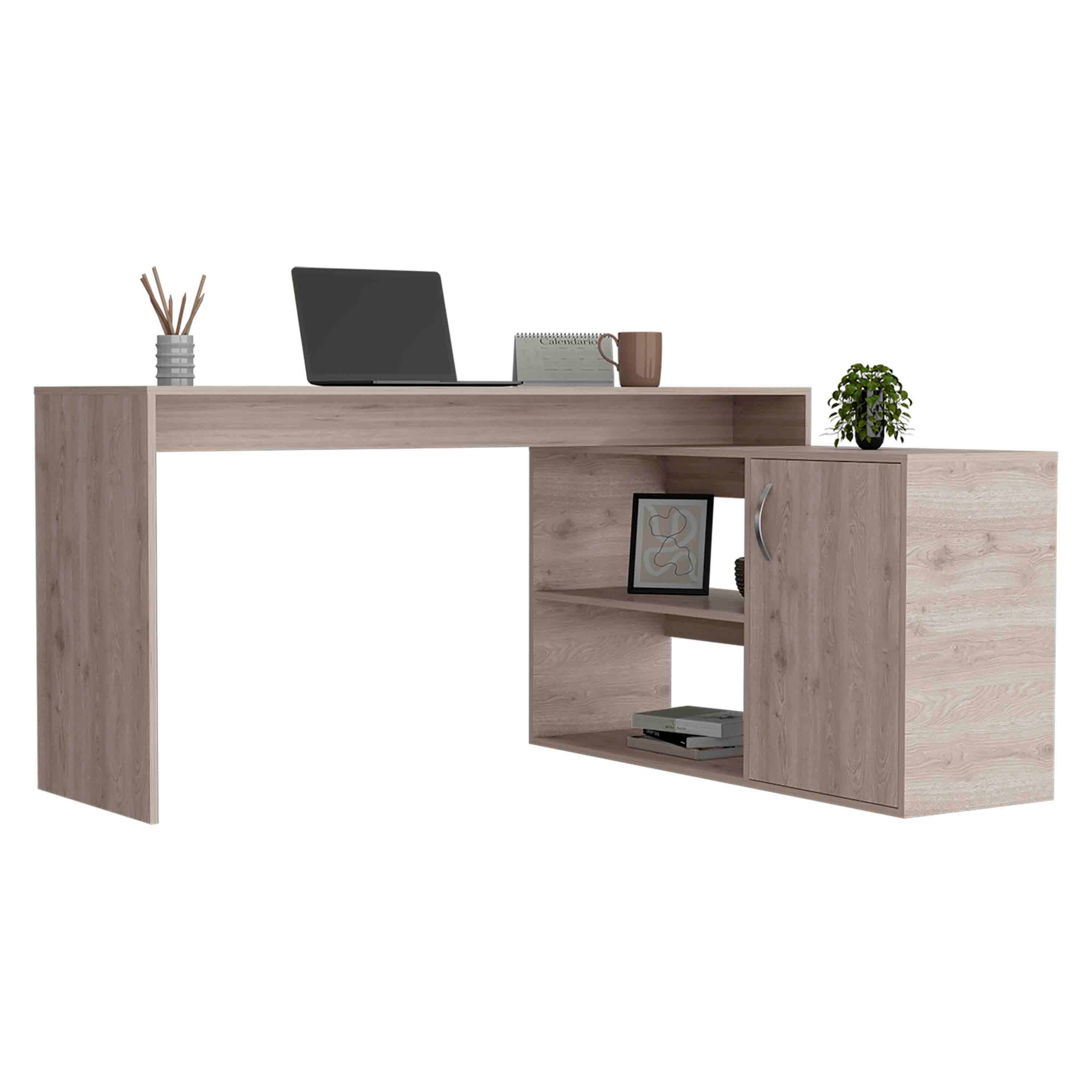 Back. APRILSOUL - Antlia L-Shaped Writing Desk Two Shelves Single Door Cabinet - Beige+Light Natural.