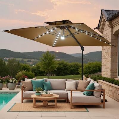 Alt View 6. Crestlive Products - Crestlive Products 11ft Square Aluminum Slide-tilt Cantilever Patio Umbrella with Light with 350lbs Base - Brown.
