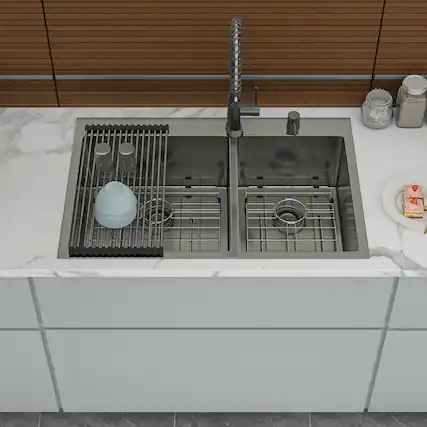 Front. Siljoy - Double Bowl Drop in Sink- 33" x 22" x 10" Gunmetal Black Kitchen Sink 16 Gauge with Two Deep Basin(60/40) - Gunmetal Black.