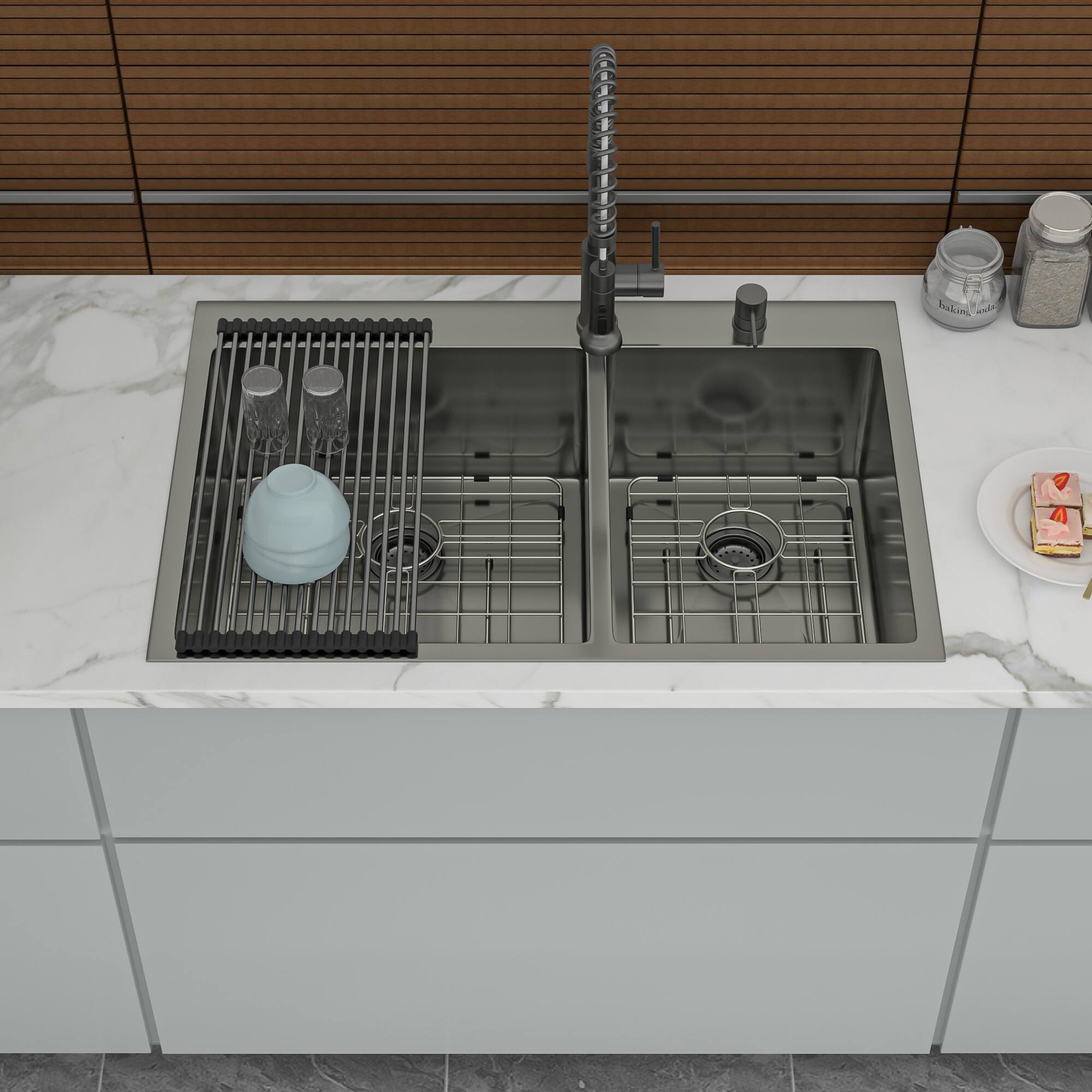 Front. Siljoy - Double Bowl Drop in Sink- 33" x 22" x 10" Gunmetal Black Kitchen Sink 16 Gauge with Two Deep Basin(60/40) - Gunmetal Black.