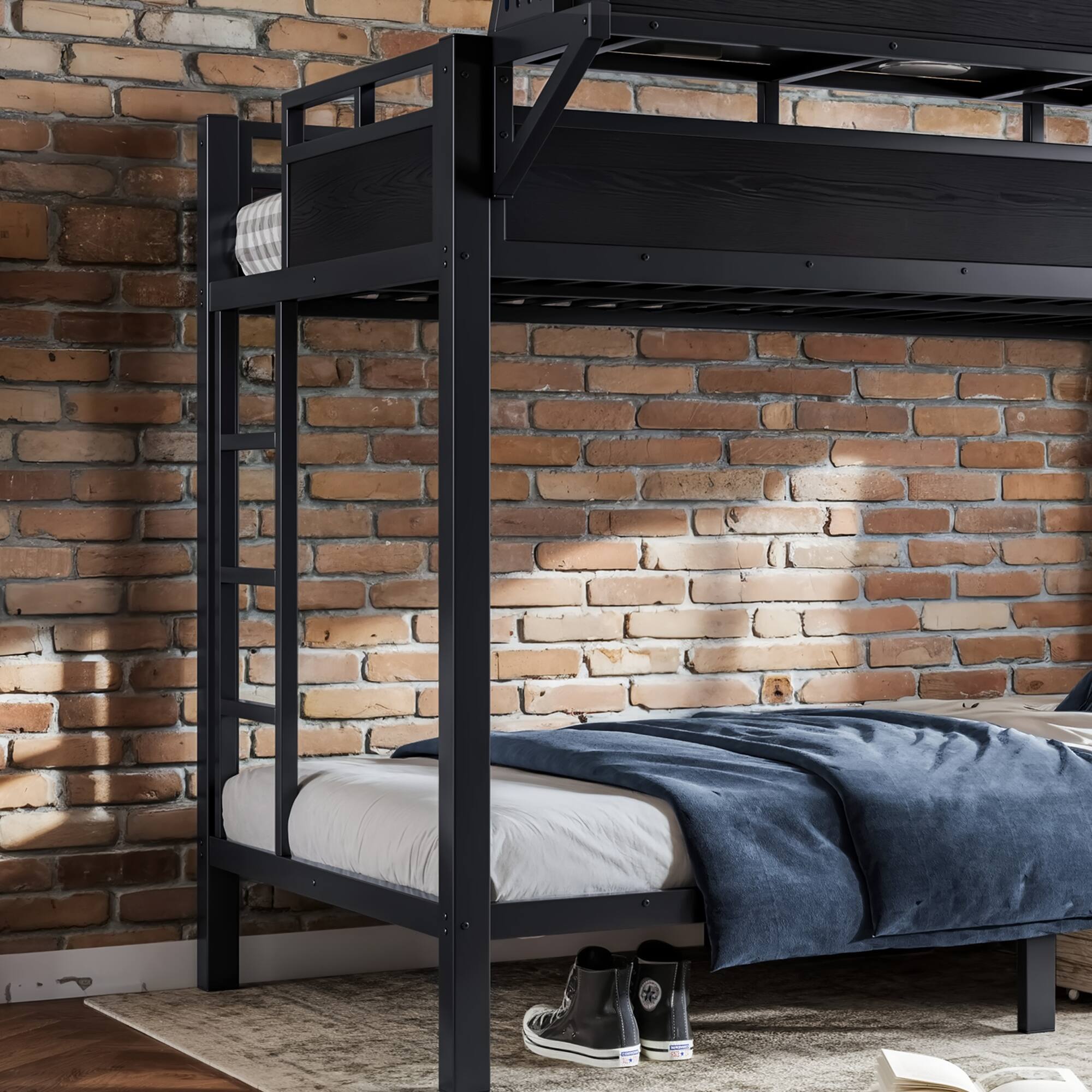 Alt View 3. Boyel Living - Twin XL over Twin XL Size Metal Bunk Bed with Storage Shelves and Pegboard Bunk Bed Frame - Black.