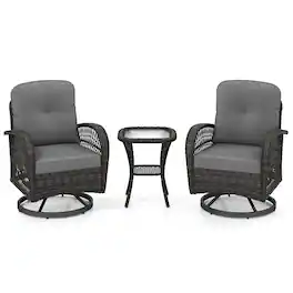 Gymax - 3PCS Patio Swivel Rocker Set Gliding Bistro Furniture Set w/Tempered Glass Table Mix - Gray