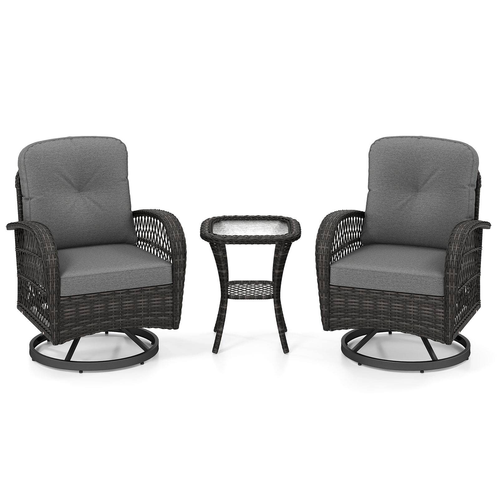 Alt View 9. Costway - Costway 3PCS Patio Swivel Rocker Set Gliding Bistro Furniture Set with Tempered Glass Table - Gray.