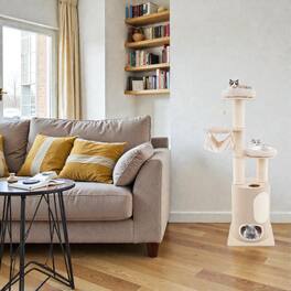 BreeBe - 74-Inch Wooden Cat Tower with Two-Level Condo and Removable Cushions - Natural