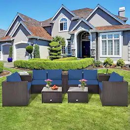 Costway - 8PCS Outdoor Patio Rattan Furniture Set Cushioned Loveseat Storage Table - Blue