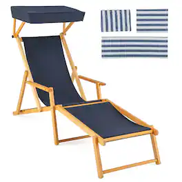 Costway - Birch Wood Chaise Lounge Chair with Adjustable Canopy Reclining Backrest & Footrest - Navy