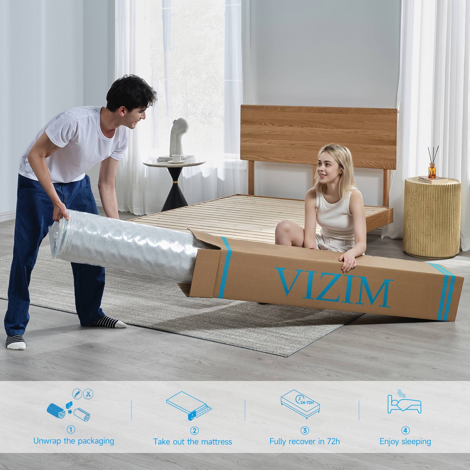 1. Unwrap the packaging  
2. Take out the mattress  
3. Fully recover in 72h  
4. Enjoy sleeping