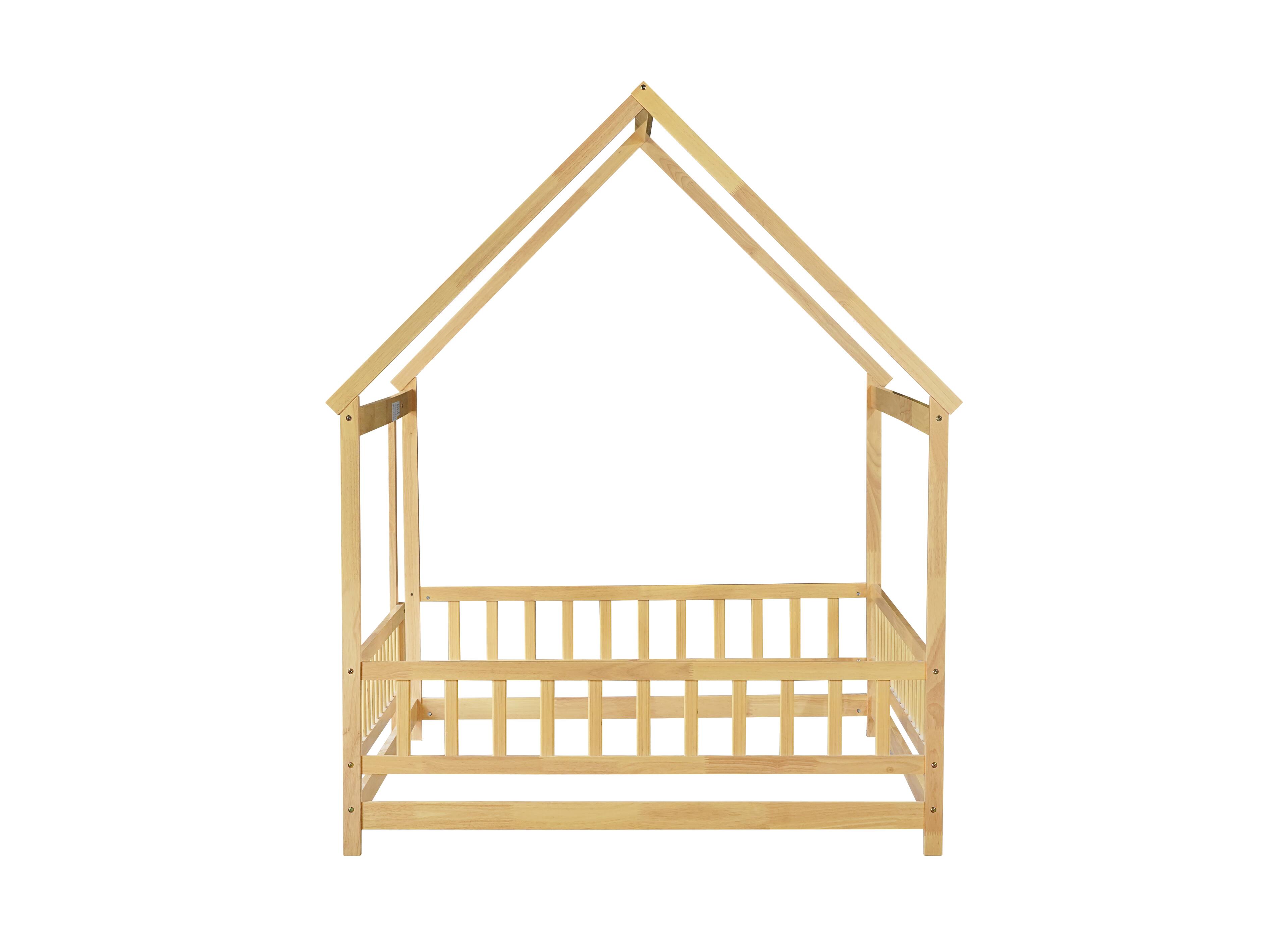 Alt View 10. Tiramisubest - Full Size House Floor Wooden Bed with Roof Frame, Safety Guardrails,Natural - Natural.