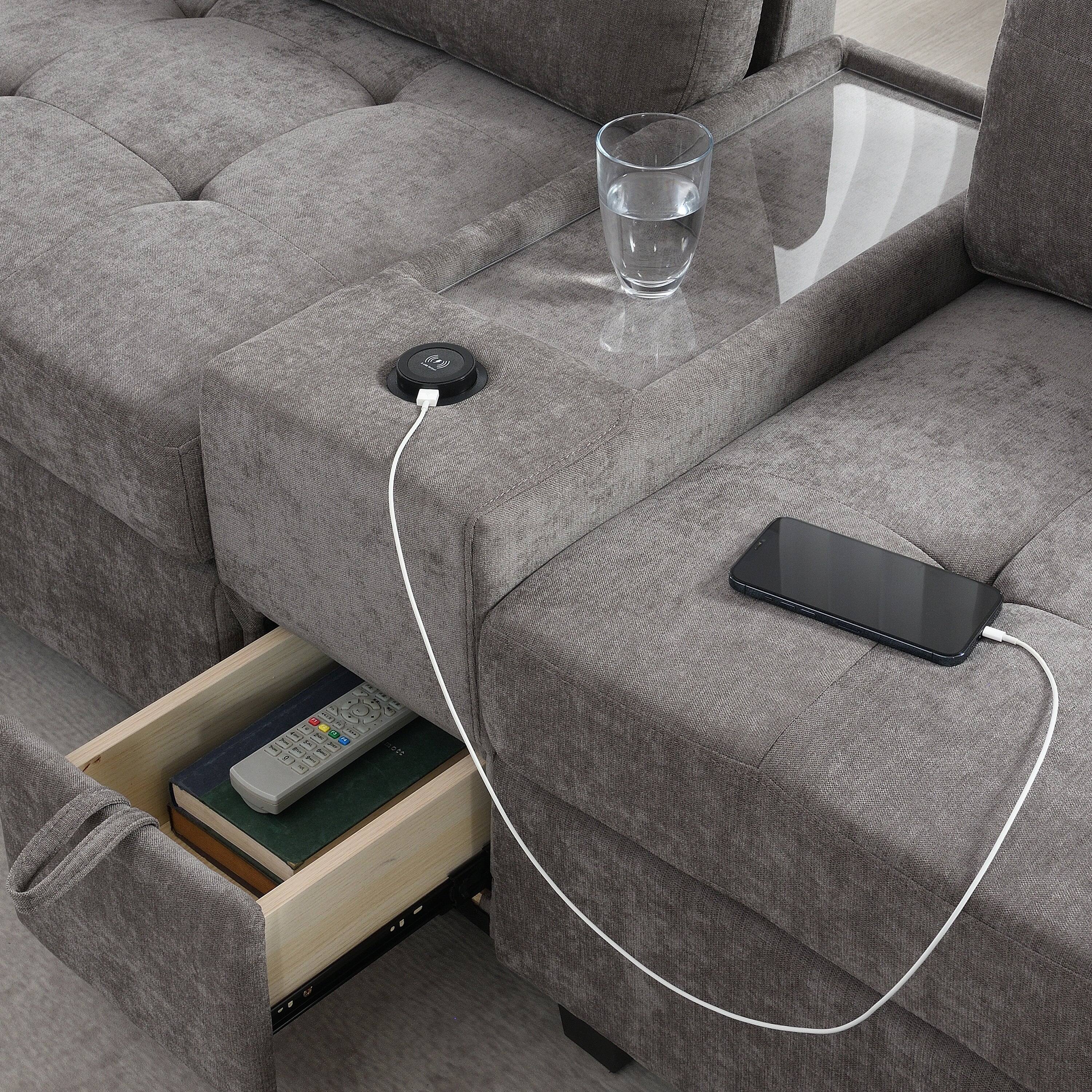 Boyel Living - 6 Seat Gray Chenille U Shaped Sectional Sofa with Two Consoles USB Charger Acrylic Table Top - Gray