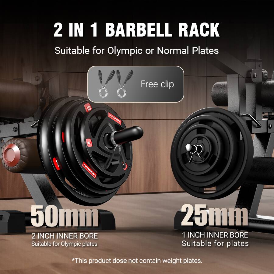 2 IN 1 BARBELL RACK  
Suitable for Olympic or Normal Plates  

Free clip  

50mm  
2 INCH INNER BORE  
Suitable for Olympic plates  

25mm  
1 INCH INNER BORE  
Suitable for plates  

*This product does not contain weight plates.