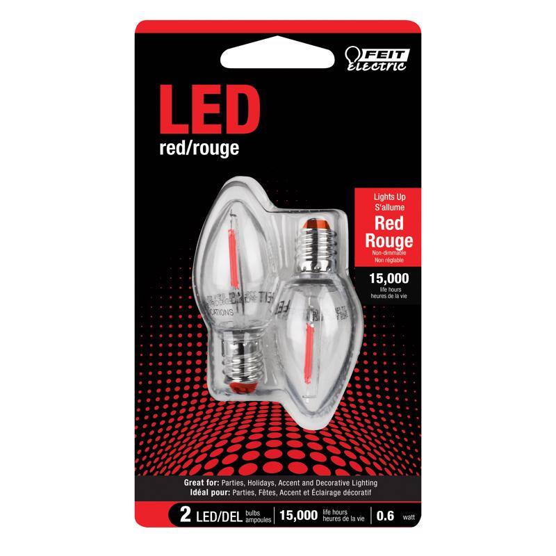 LED red/rouge  
FEIT ELECTRIC  

Lights Up  
S'allume  
Red Rouge  
Non dimmable  
Non réglable  
15,000 life hours  
heures de vie  

Great for: Parties, Holidays, Accent and Decorative Lighting  
Idéal pour: Parties, Fêtes, Accent et éclairage décoratif  

2 LED/DEL bulbs  
ampoules  

15,000 life hours  
heures de vie  

0.6 watt
