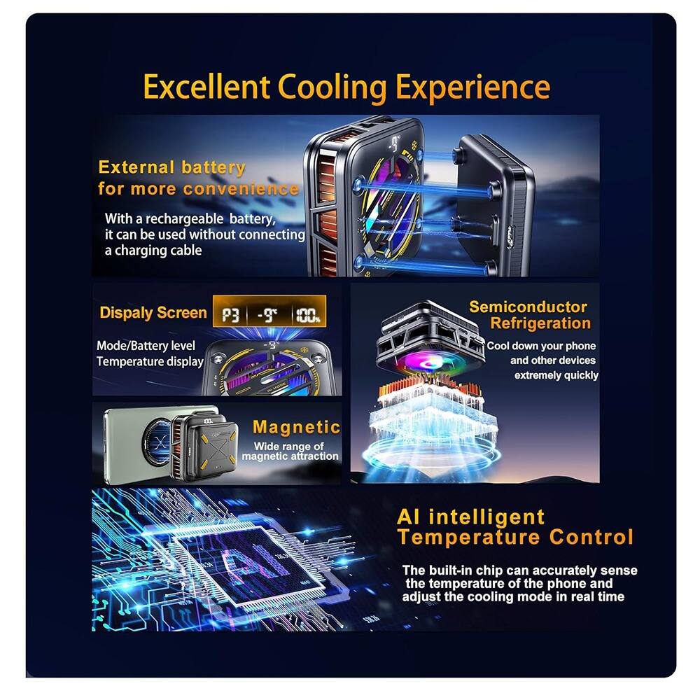 Excellent Cooling Experience

External battery for more convenience  
With a rechargeable battery, it can be used without connecting a charging cable

Display Screen  
P3 Mode/Battery level  
Temperature display

Semiconductor Refrigeration  
Cool down your phone and other devices extremely quickly

Magnetic  
Wide range of magnetic attraction

AI intelligent Temperature Control  
The built-in chip can accurately sense the temperature of the phone and adjust the cooling mode in real time