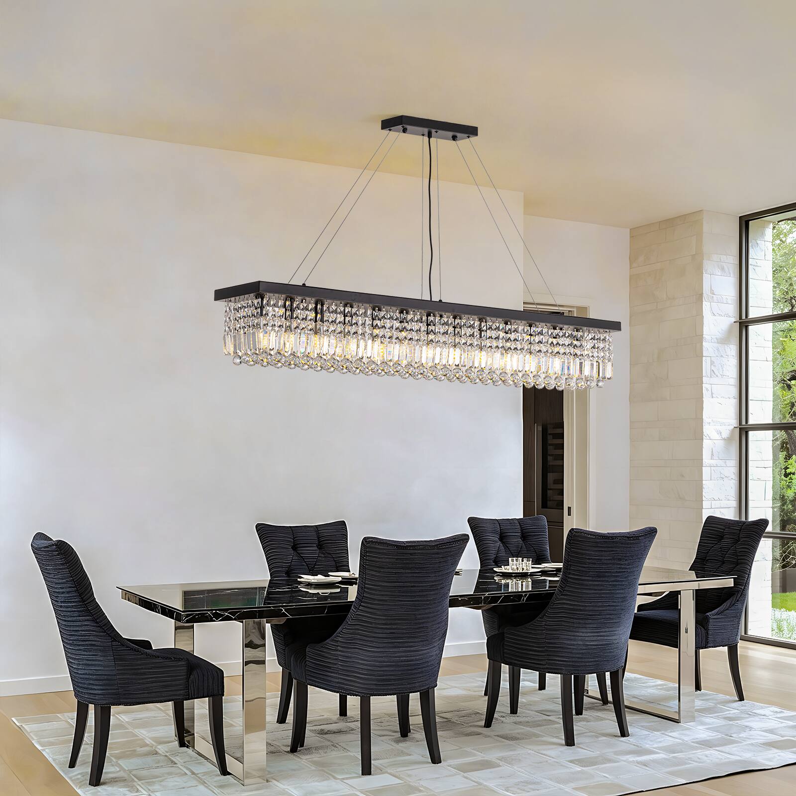Alt View 1. Siljoy - 56-inch Matte Black Linear Crystal Chandelier Adjustable Cord Pendant for Dining Kitchen Island - Matte Black.