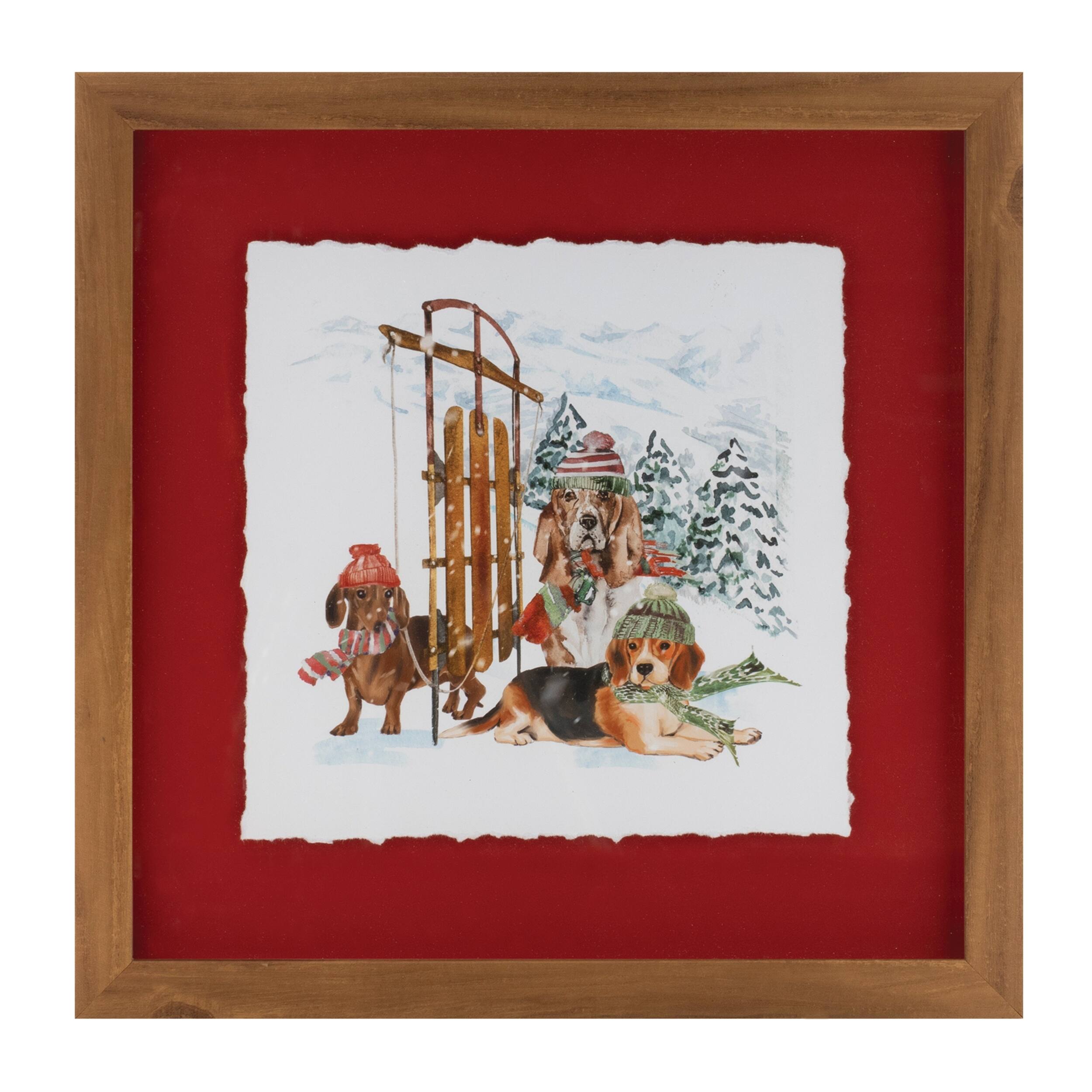 Left. BreeBe - Framed Dog Sled and Ski Print Under Glass (Set of 2) - Red, White, Brown.