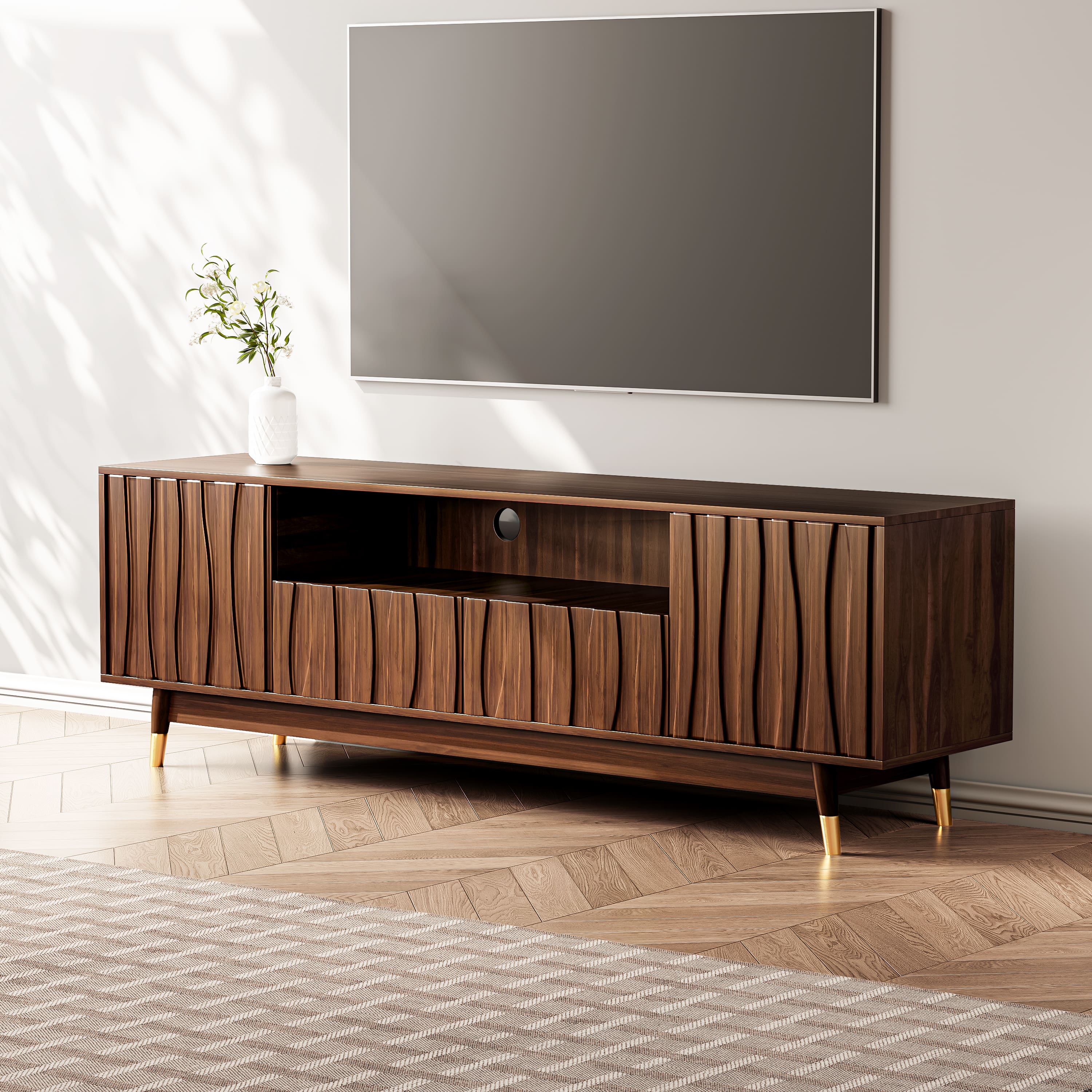 MSOOB - 66.8" Wood TV Stand with Drawer and Cabinet for 75" TV, Mid Century Entertainment Center with Open Shelf for Living Room - Brown