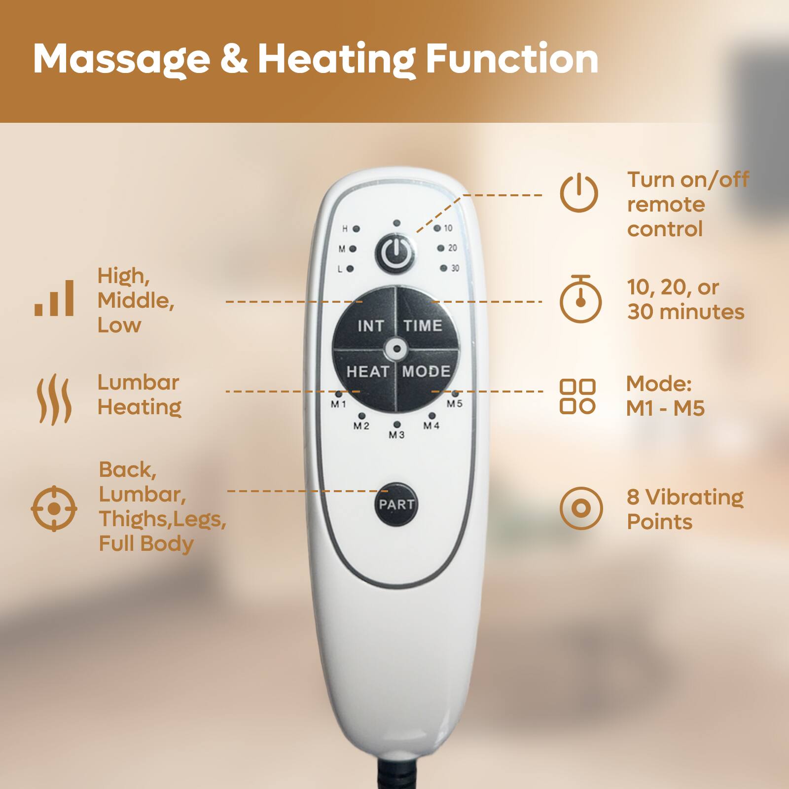 Massage and Heating Function:

* Turn on/off remote control
* High, Middle, Low
* Int Time: 10, 20, or 30 minutes
* Lumbar Heating
* HEAT MODE: M1 - M5
* Mode: Back, Lumbar, Thighs, Legs, Full Body
* PART: 8
* Vibrating Points: 8