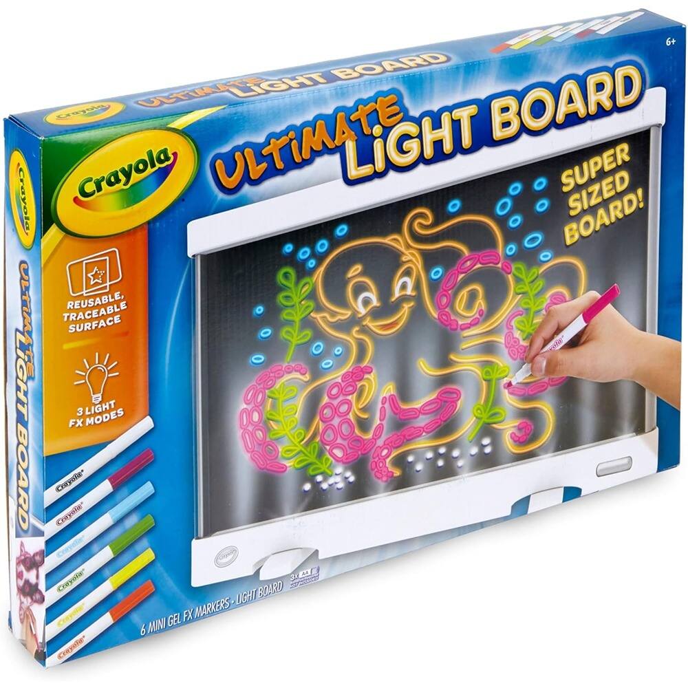 Crayola Ultimate Light Board  
6+  
Super Sized Board!  
Reusable, Traceable Surface  
3 Light FX Modes  
6 Mini Gel X Markers - Light Board
