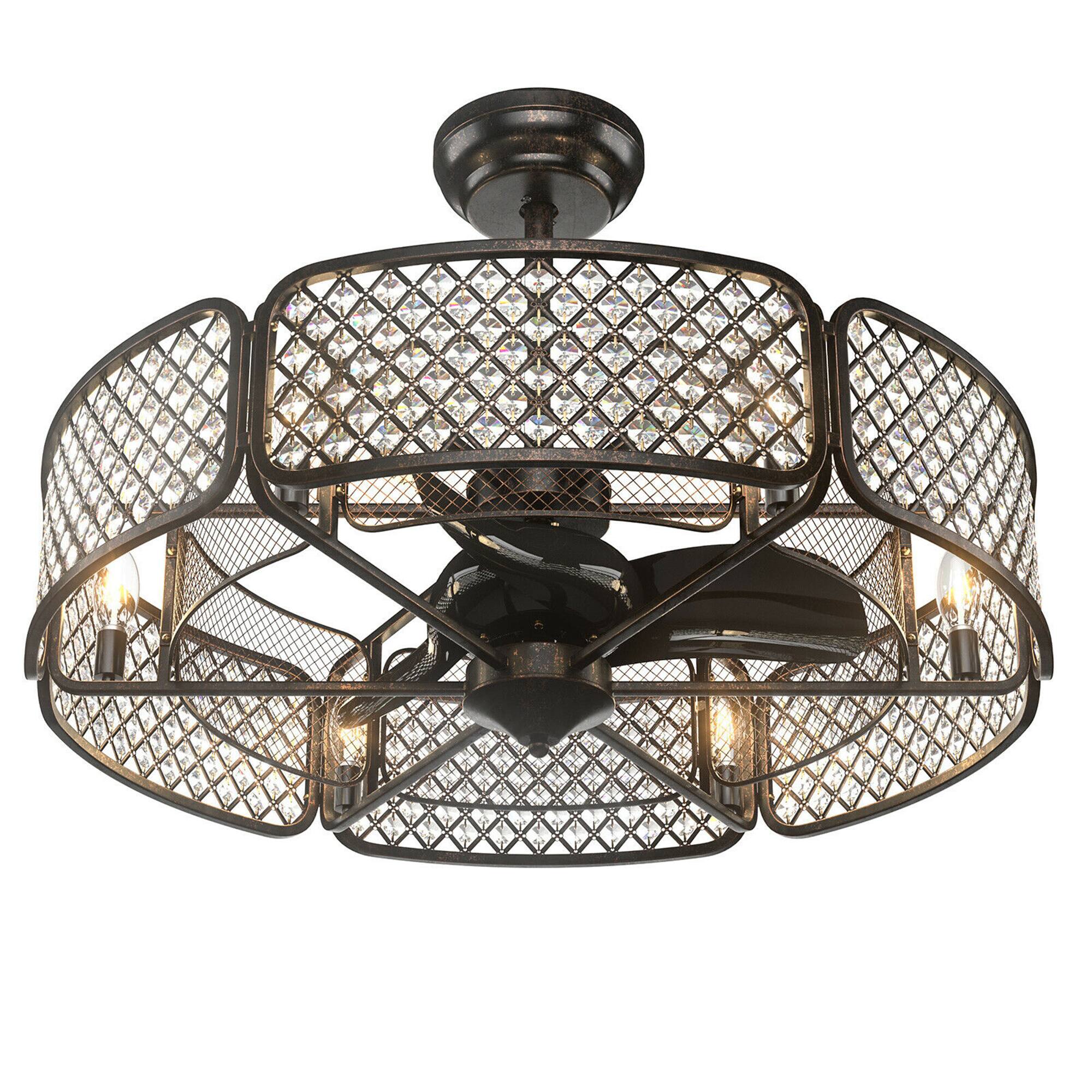 Alt View 9. Gymax - Gymax 30'' Caged Ceiling Fan With Light Crystal Lampshade 6 Light Bases Coffee - Coffee.