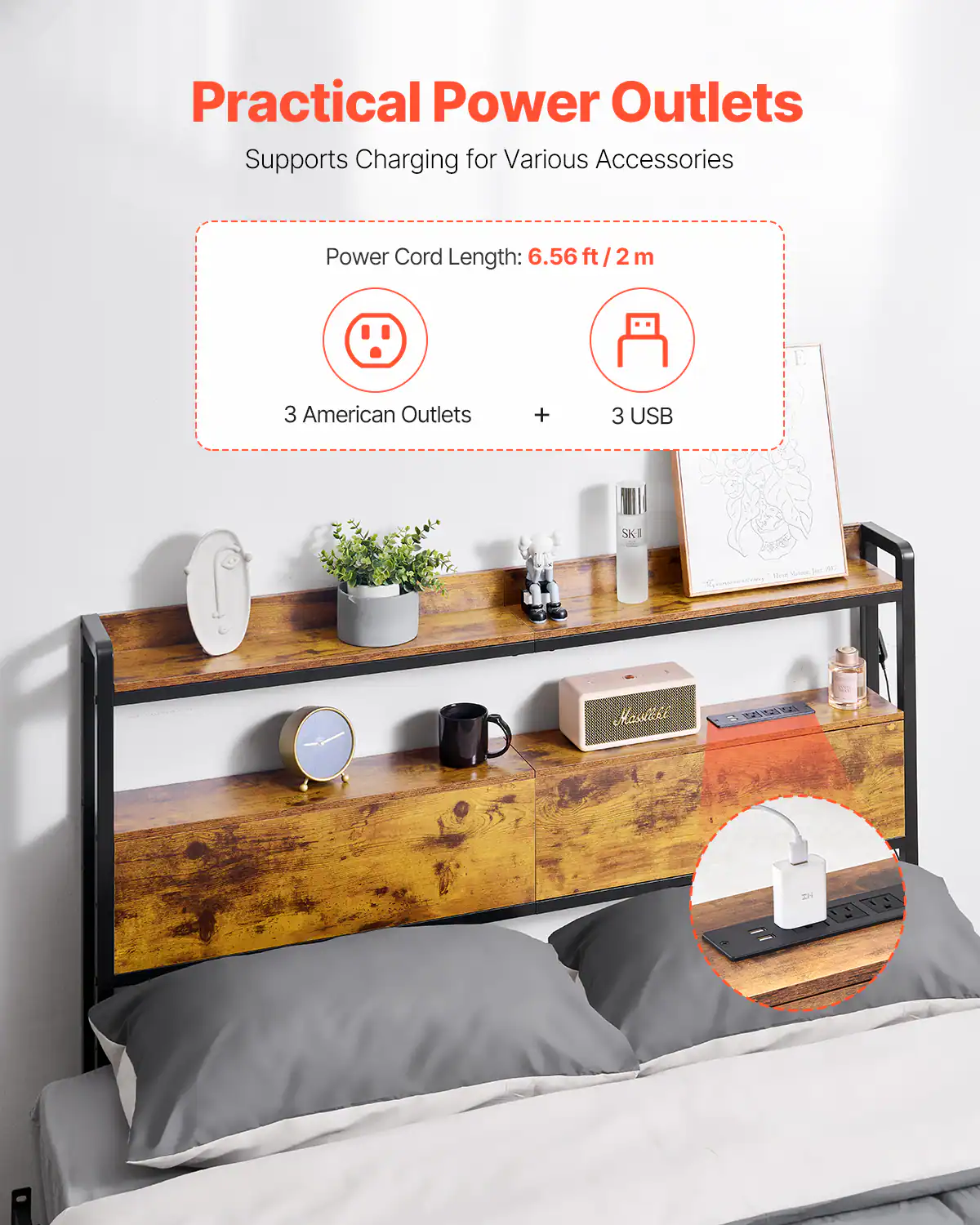 Practical Power Outlets  
Supports Charging for Various Accessories  

Power Cord Length: 6.56 ft / 2 m  

3 American Outlets + 3 USB