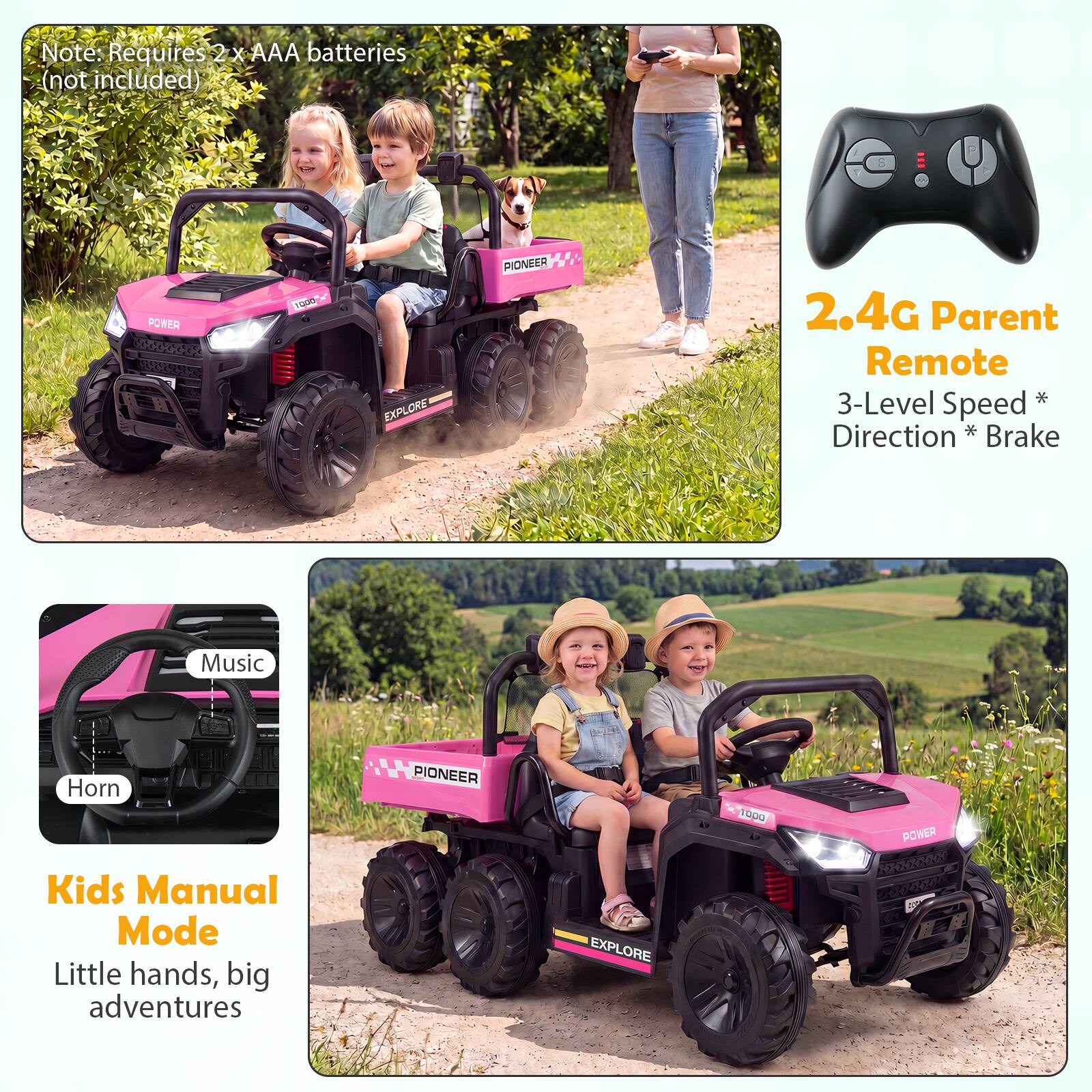 Note: Requires 2 x AAA batteries (not included)

2.4G Parent Remote  
3-Level Speed * Direction * Brake

Kids Manual Mode  
Little hands, big adventures

Music  
Horn