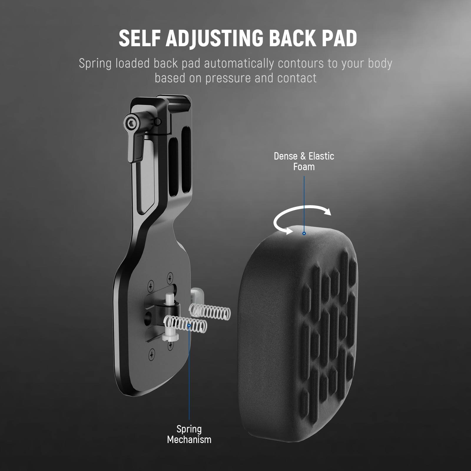 SELF ADJUSTING BACK PAD  
Spring loaded back pad automatically contours to your body based on pressure and contact  

Dense & Elastic Foam  
Spring Mechanism