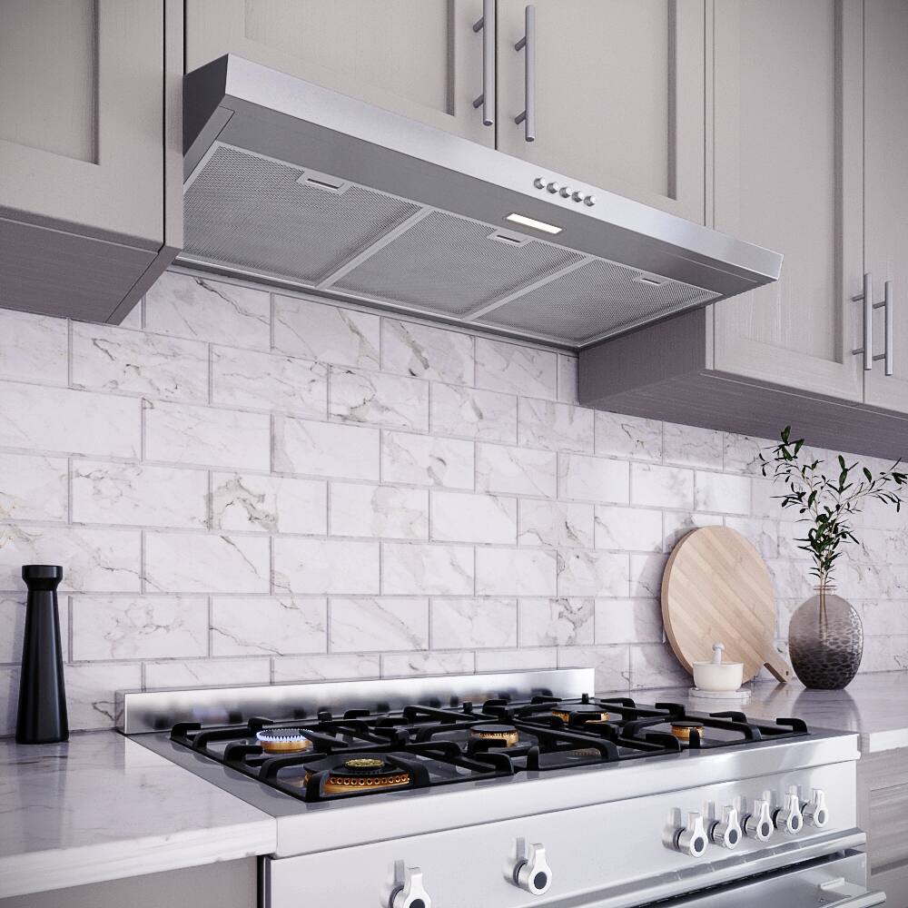 Back. Streamline - 36 in. Donini Ductless Undermount 80 CFM Range Hood, Mesh Filters, Push Button Control, LED Light - Brushed Stainless Steel.