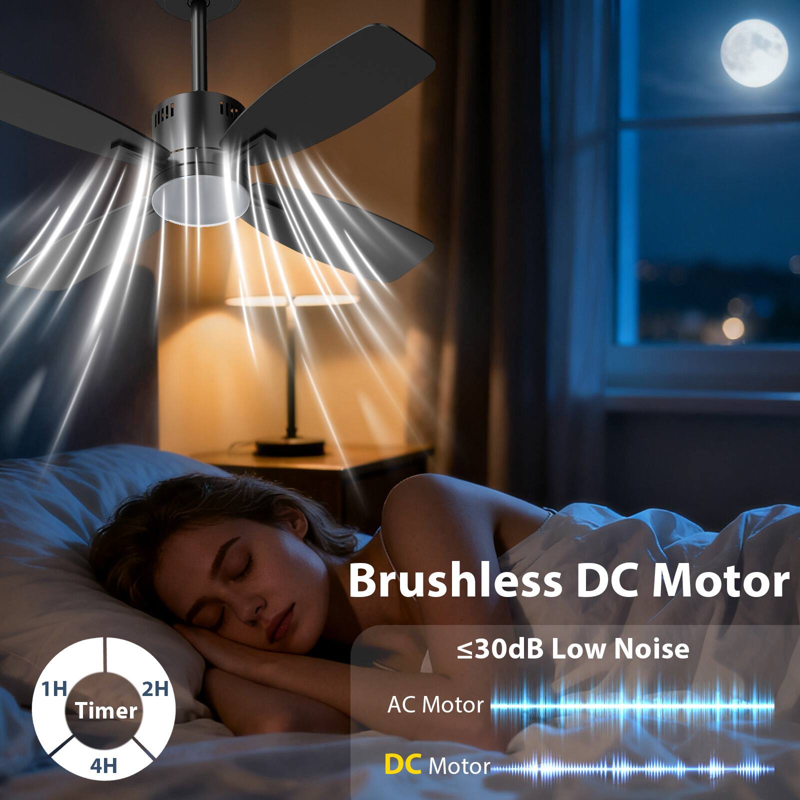 Brushless DC Motor  
≤30dB Low Noise  
1H 2H 4H Timer  
AC Motor  
DC Motor