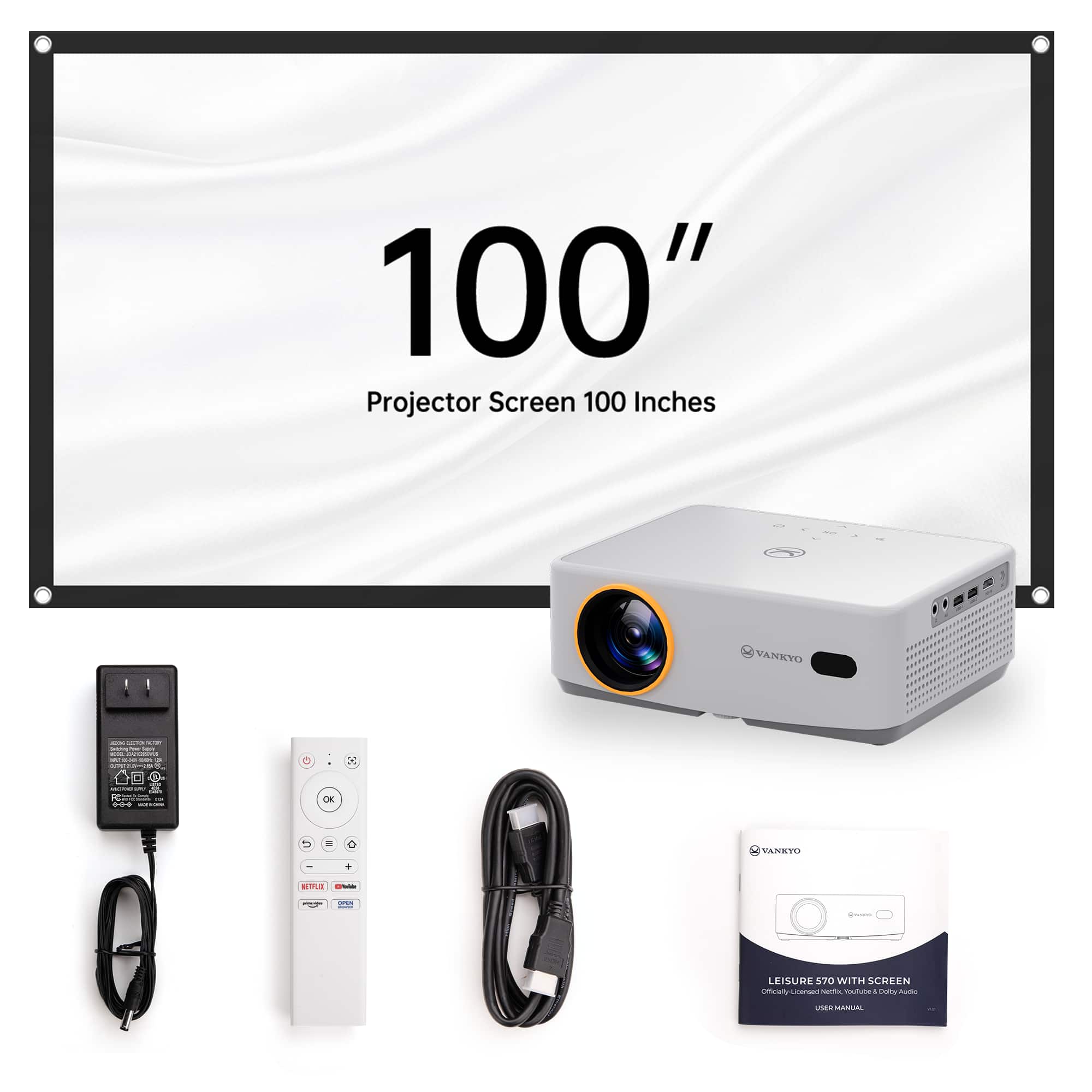 The image features a projector screen with a remote control and a power cord. The screen is advertised as being 100 inches in size, making it suitable for a large audience. The projector is also accompanied by a Vankyo projector, which is designed for a leisurely experience. The projector screen is a part of a complete projector package that includes a projector, screen, remote, and power cord.